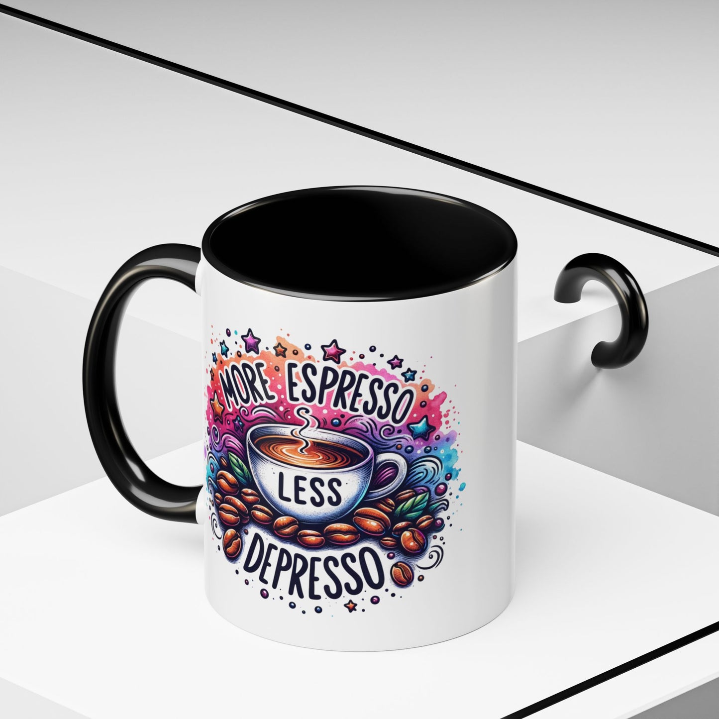 Cute Coffee Mug More Expresso Less Depresso 11 oz and 15 oz Mug with Accent Colors