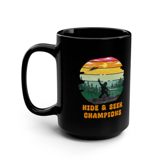 Retro Bigfoot Mug Funny Hide and Seek Champion Graphic 15 oz Sasquatch Silhouette Sunset Forest Cup Vintage Cryptid Lover Gift