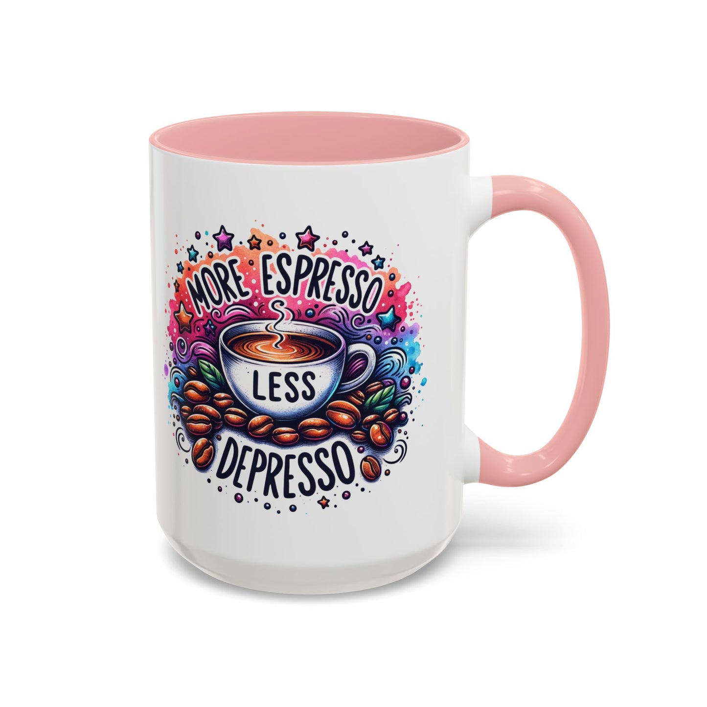 Cute Coffee Mug More Expresso Less Depresso 11 oz and 15 oz Mug with Accent Colors