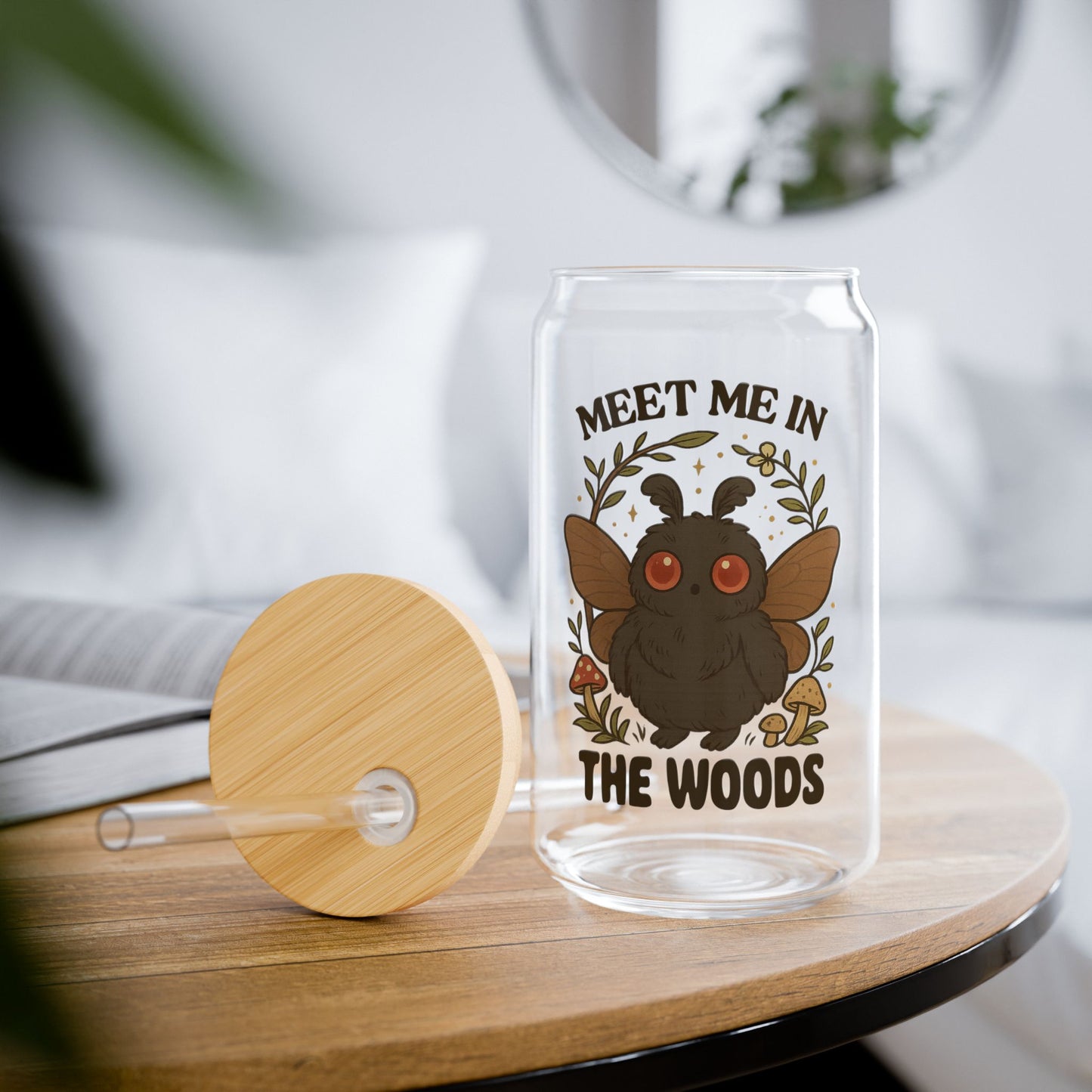 Mothman Meet Me in the Woods Sipper Glass 16oz Paranormal Cryptid Glass Tumbler