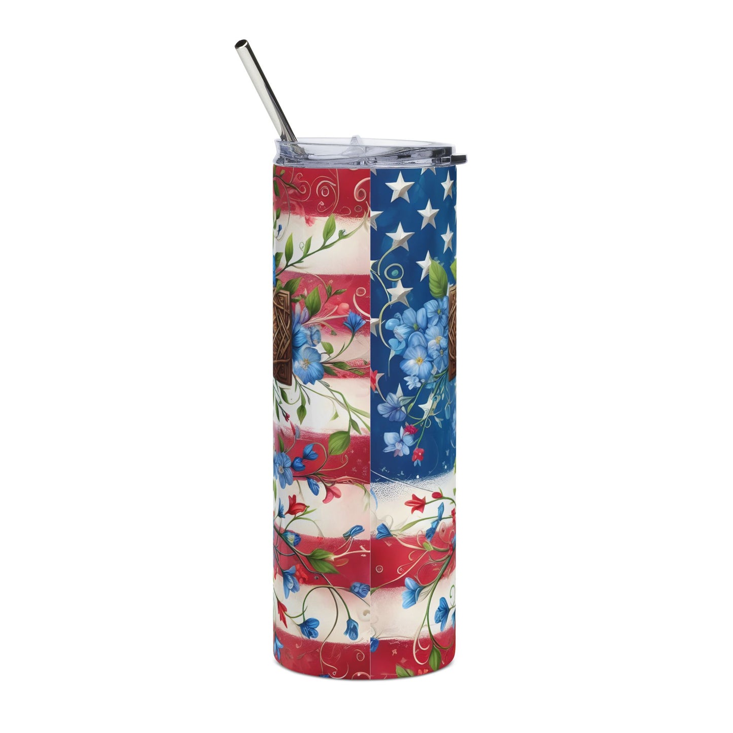 Flower Cross 20oz Stainless Steel Tumbler with Lid and Straw