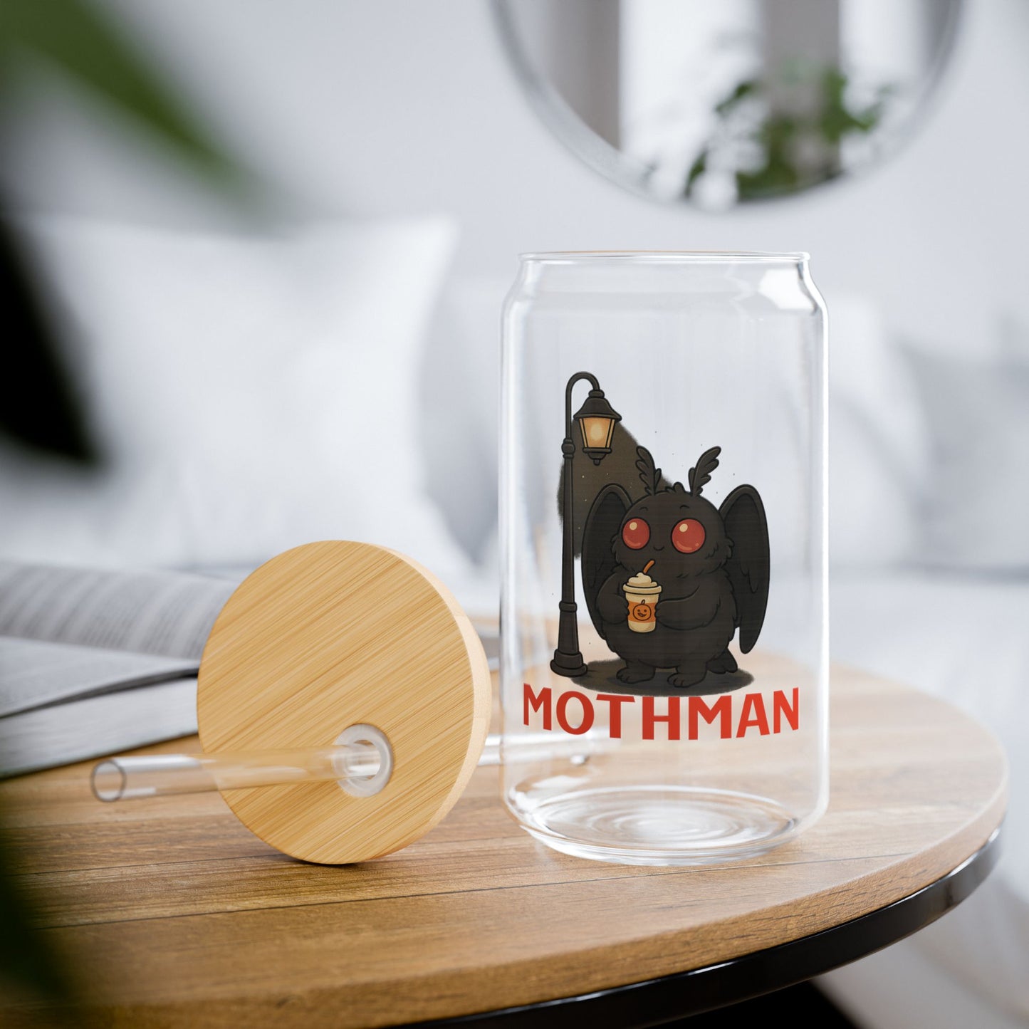 Mothman Sipper Glass Tumbler 16oz With Lid and Straw Cryptid Paranormal Gift