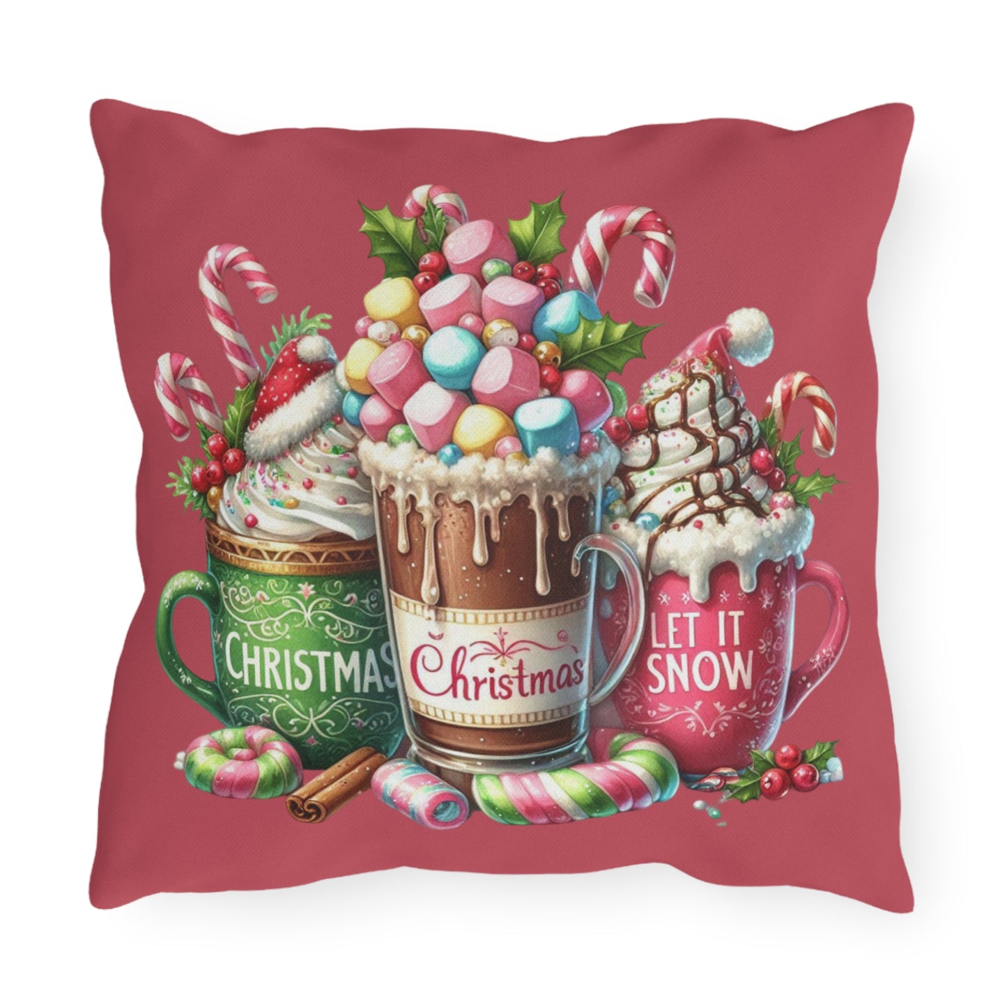Christmas Hot Cocoa Indoor - Outdoor Pillow — "Let It Snow" Festive Mug Trio