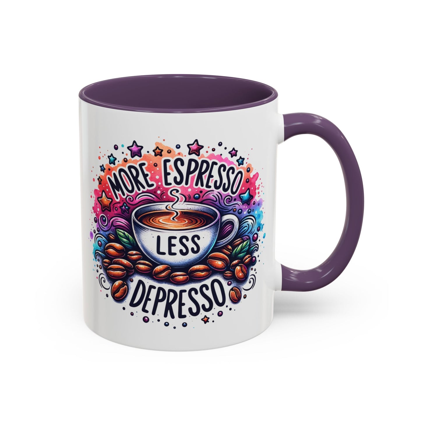 Cute Coffee Mug More Expresso Less Depresso 11 oz and 15 oz Mug with Accent Colors