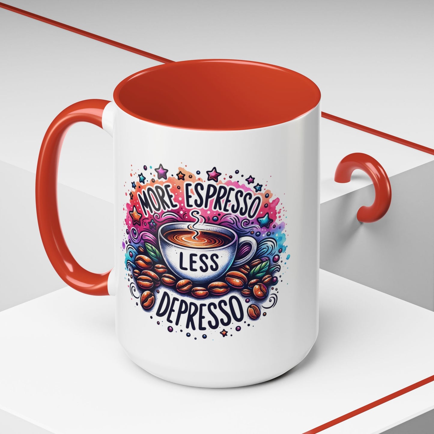 Cute Coffee Mug More Expresso Less Depresso 11 oz and 15 oz Mug with Accent Colors