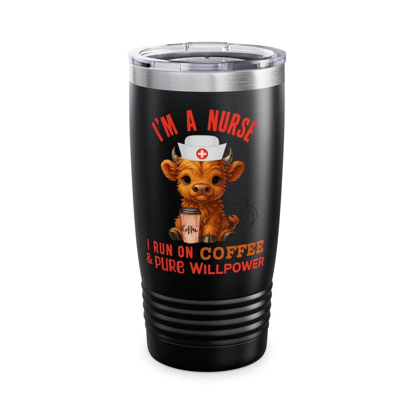 Highland Cow Tumbler I'm a Nurse, I run on Coffee and Pure Willpower 20oz Travel Mug