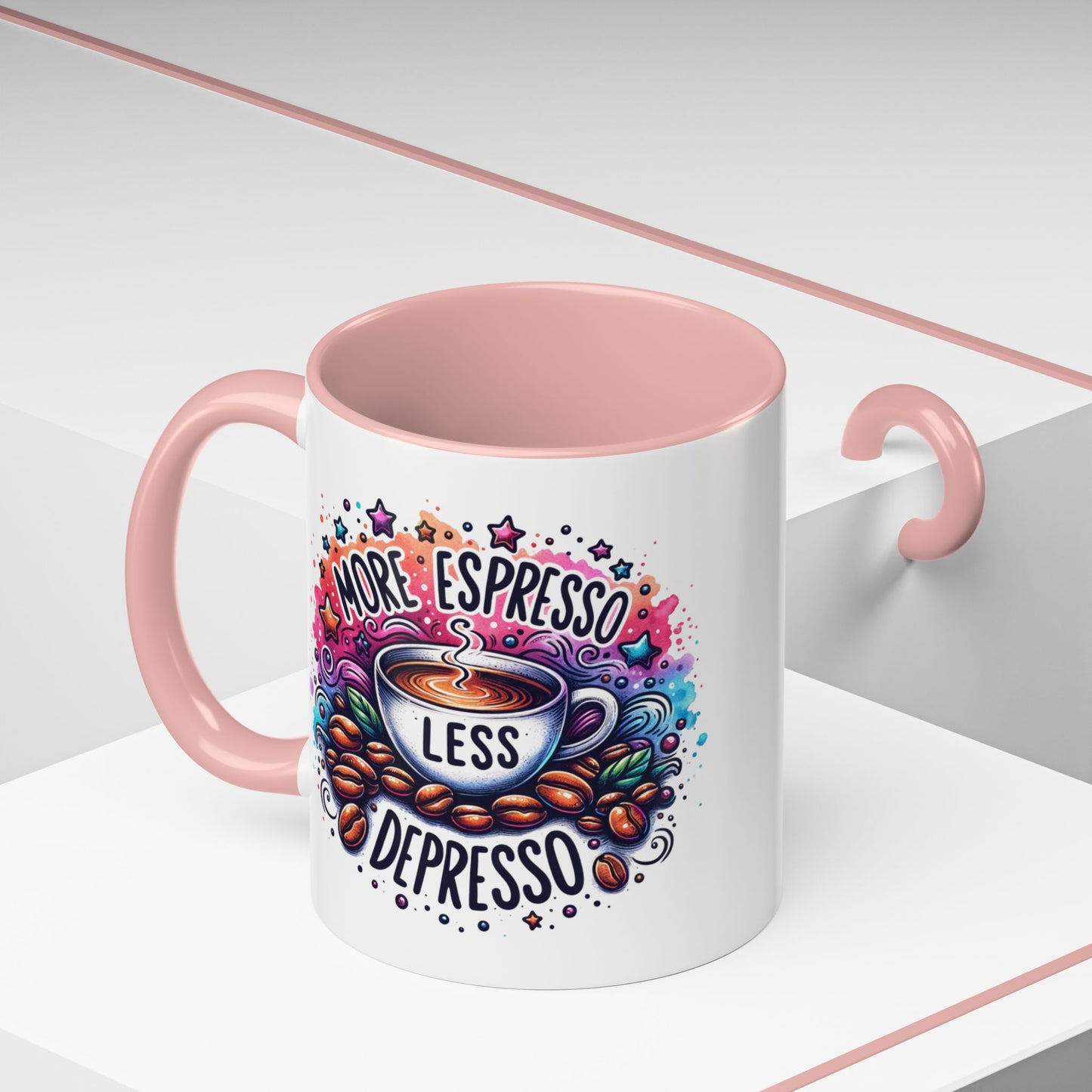 Cute Coffee Mug More Expresso Less Depresso 11 oz and 15 oz Mug with Accent Colors