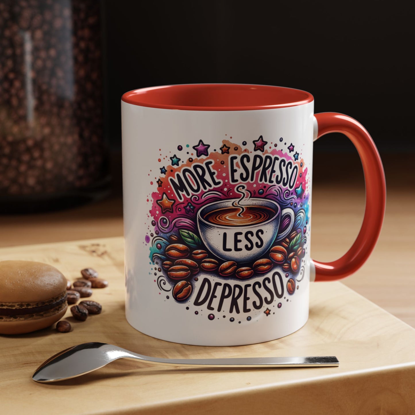 Cute Coffee Mug More Expresso Less Depresso 11 oz and 15 oz Mug with Accent Colors