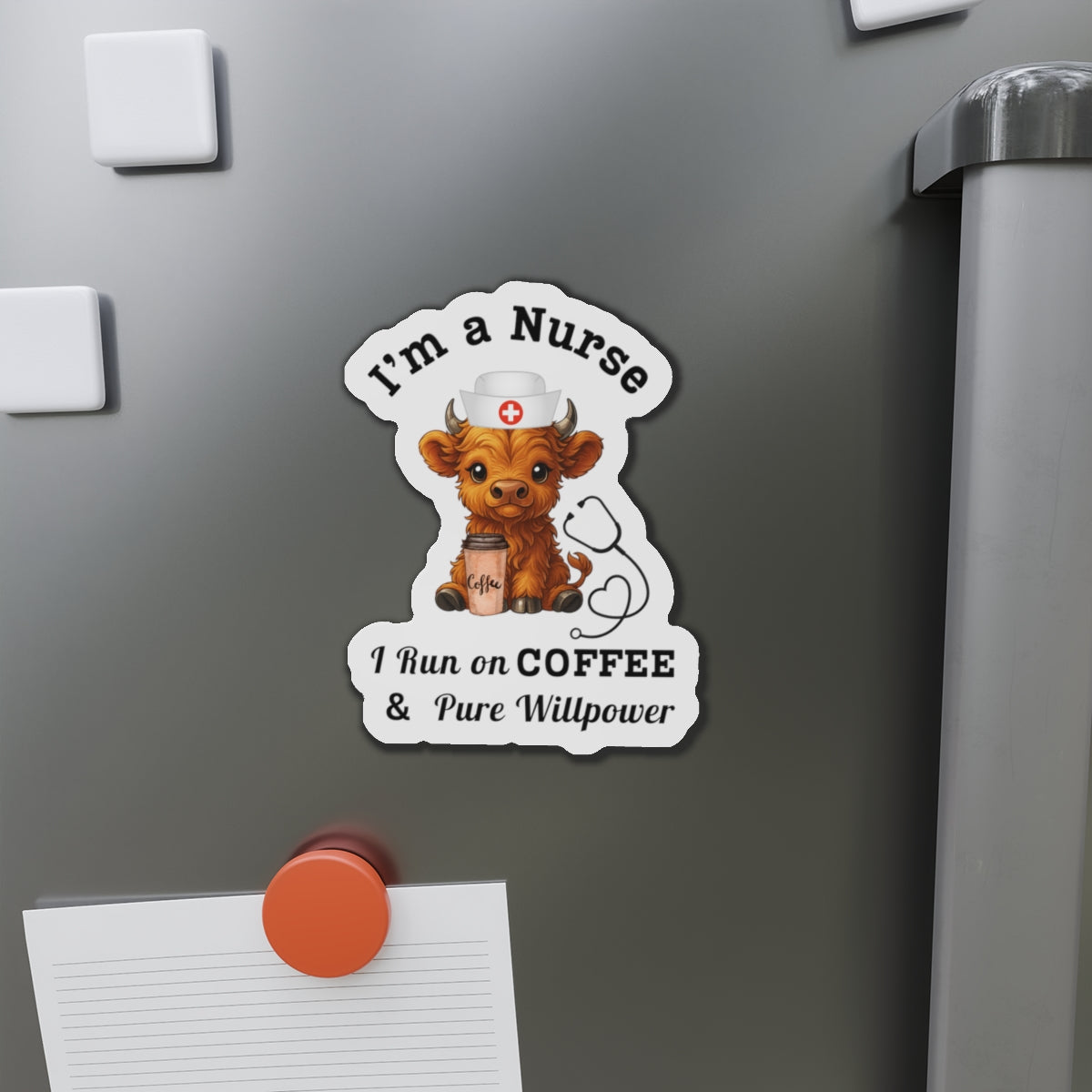 Highland Cow Nurse Coffee Magnet, Cute Cow Design, Perfect Gift for Nurses, Hospital Decor, Job Appreciation Gift, Magnet for Fridge