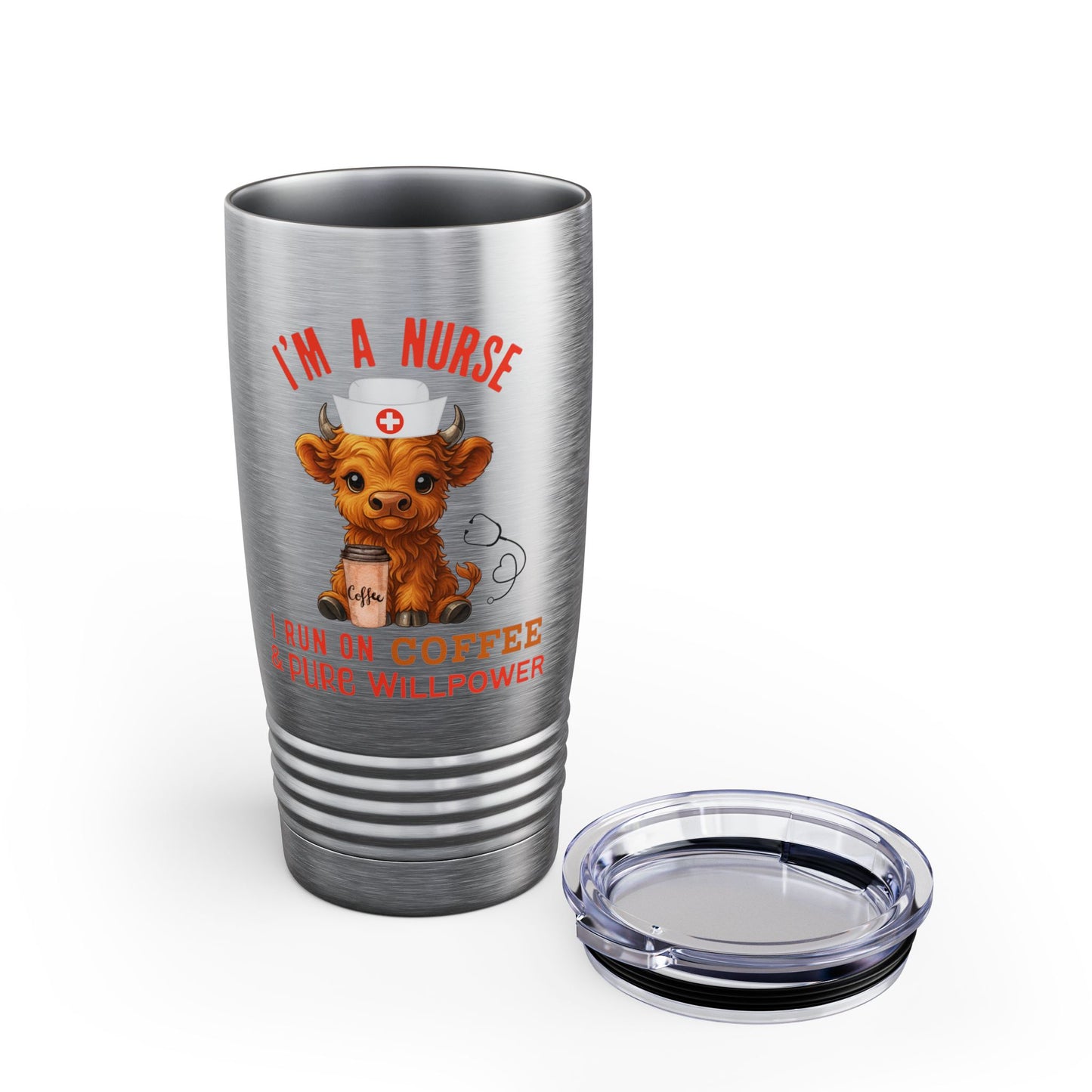 Highland Cow Tumbler I'm a Nurse, I run on Coffee and Pure Willpower 20oz Travel Mug