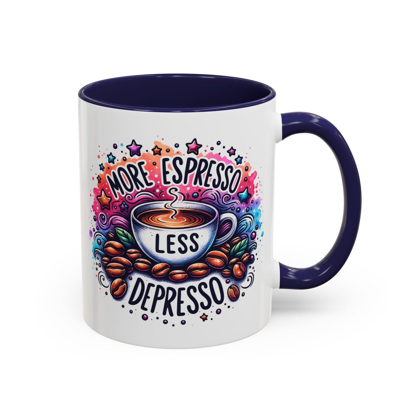 Cute Coffee Mug More Expresso Less Depresso 11 oz and 15 oz Mug with Accent Colors