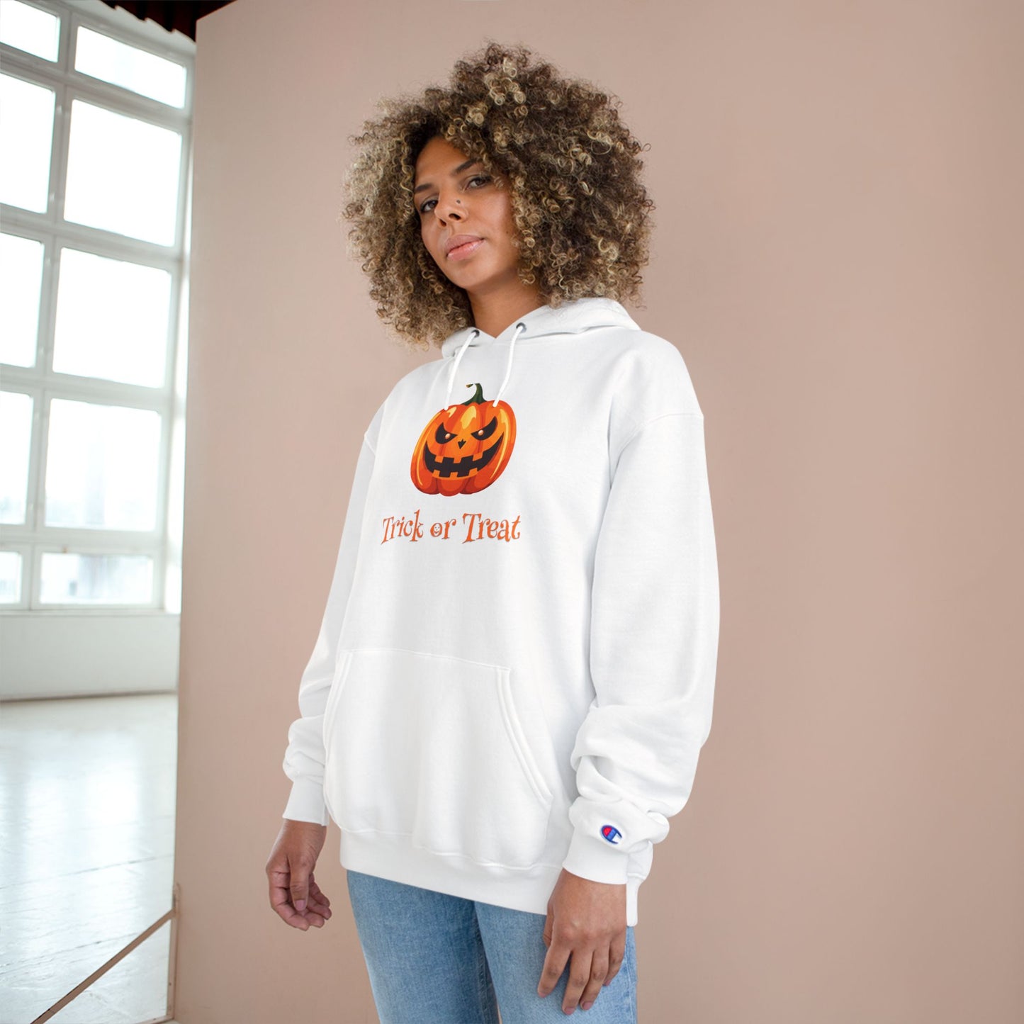 Trick or Treat Halloween Pumpkin Champion Hoodie, Trick or Treat Sweatshirt, Fall Fashion, Cozy Layering, Halloween Costume, Spooky Season