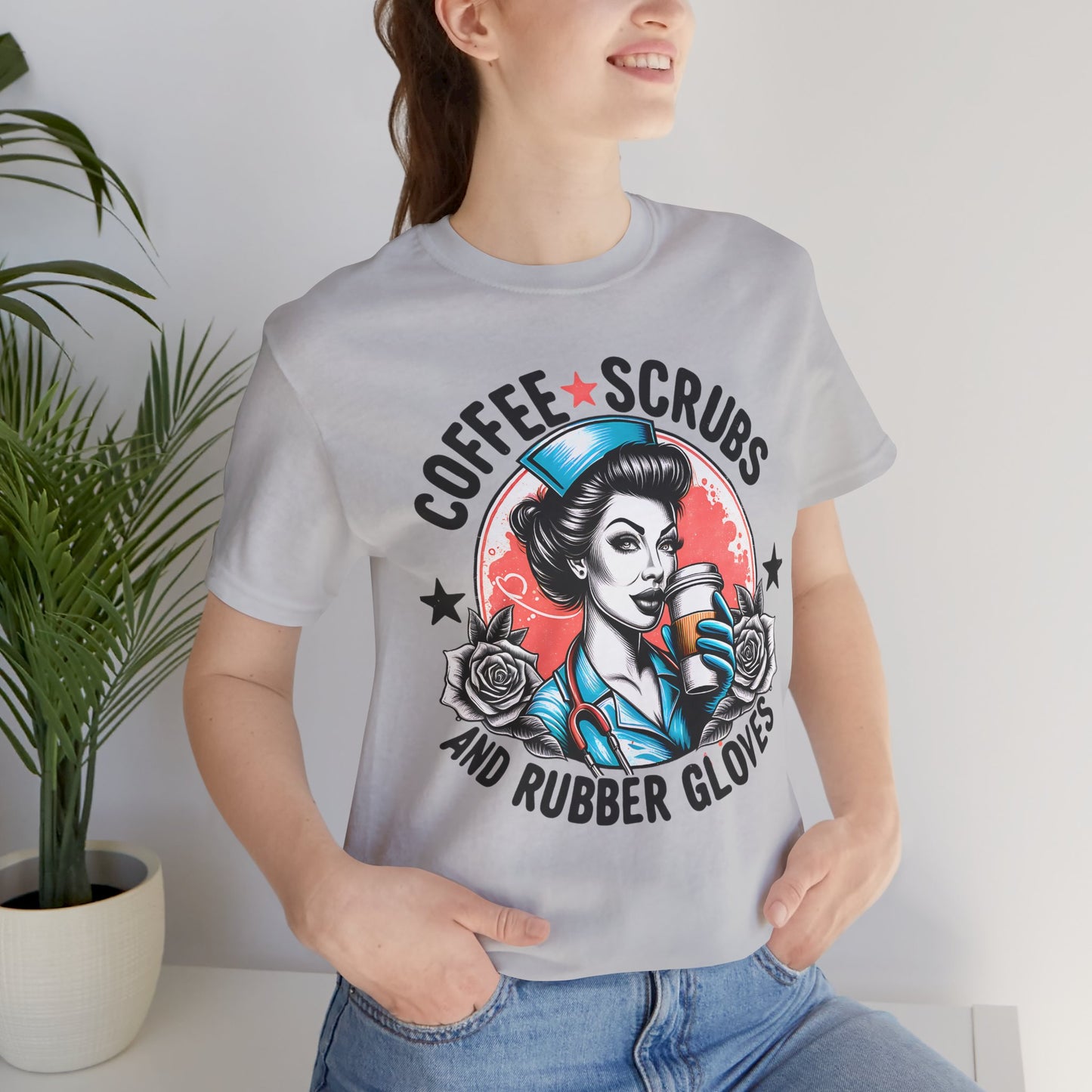 Coffee Scrubs and Rubber Gloves Bella Canvas Tee Fun Medical Profession Shirt, Gift for Nurses, Healthcare Workers, Birthday, Medical Humor