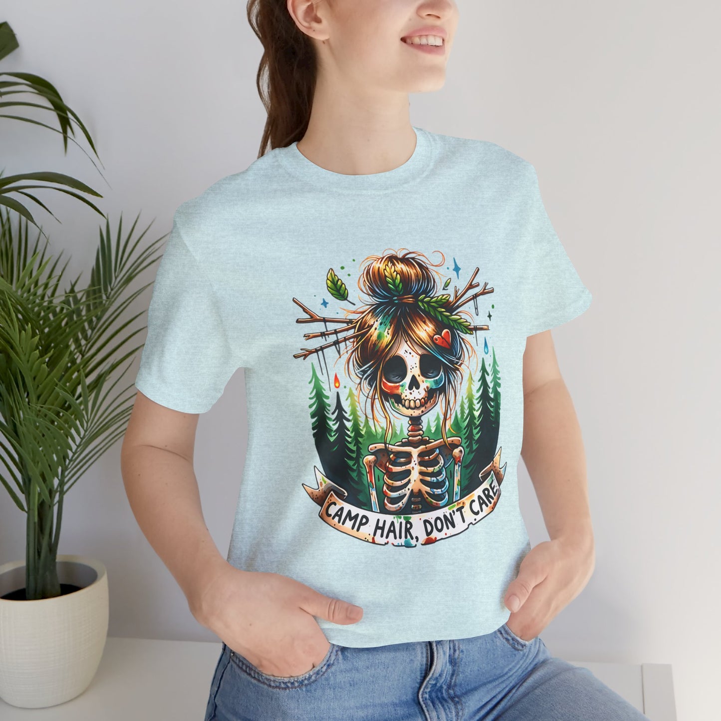 Camp Hair Don't Care Skull T-Shirt, Casual Summer Shirt, Hiking Apparel, Outdoor Fun Gift, Festival Top, Unisex Graphic Tee