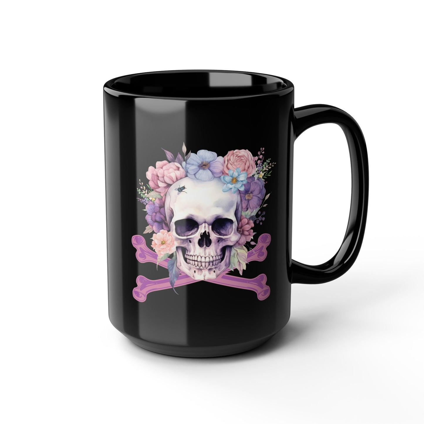 Gothic Floral Skull 15oz Mug Vintage Boho Skull Watercolor Goth Graphic Mug Floral Skull Mug Floral Skull Black Mug, 15oz Coffee Cup Gothic Home Decor Halloween Gift
