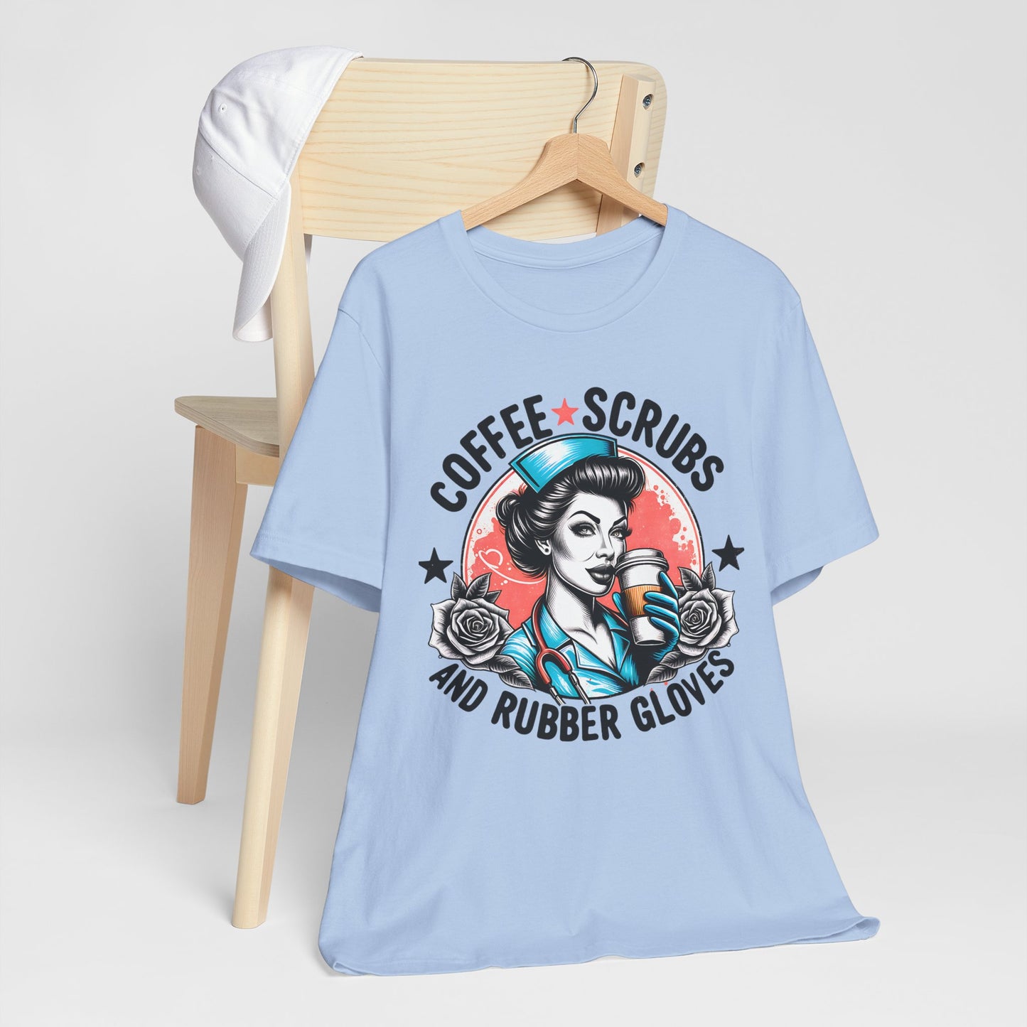 Coffee Scrubs and Rubber Gloves Bella Canvas Tee Fun Medical Profession Shirt, Gift for Nurses, Healthcare Workers, Birthday, Medical Humor
