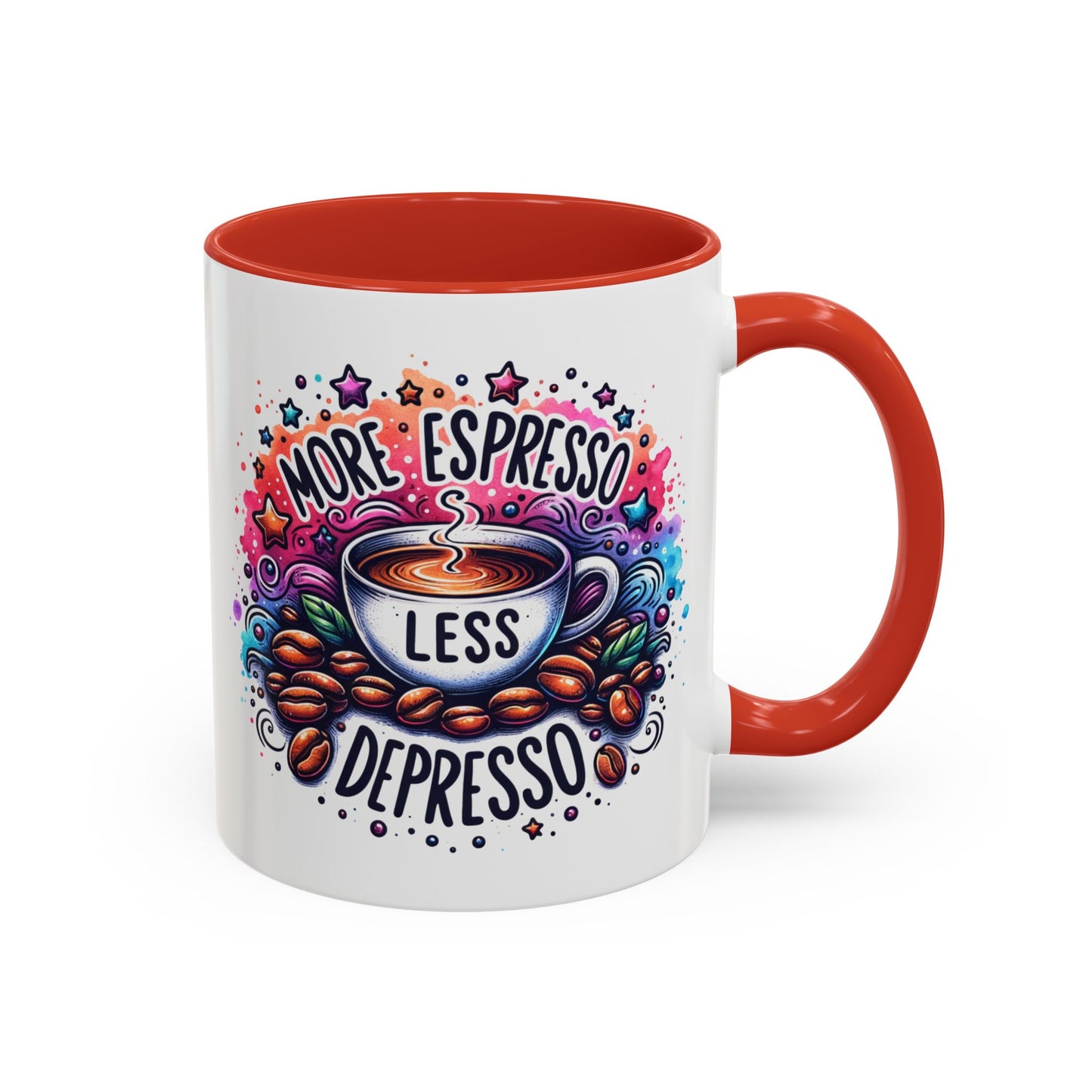 Cute Coffee Mug More Expresso Less Depresso 11 oz and 15 oz Mug with Accent Colors