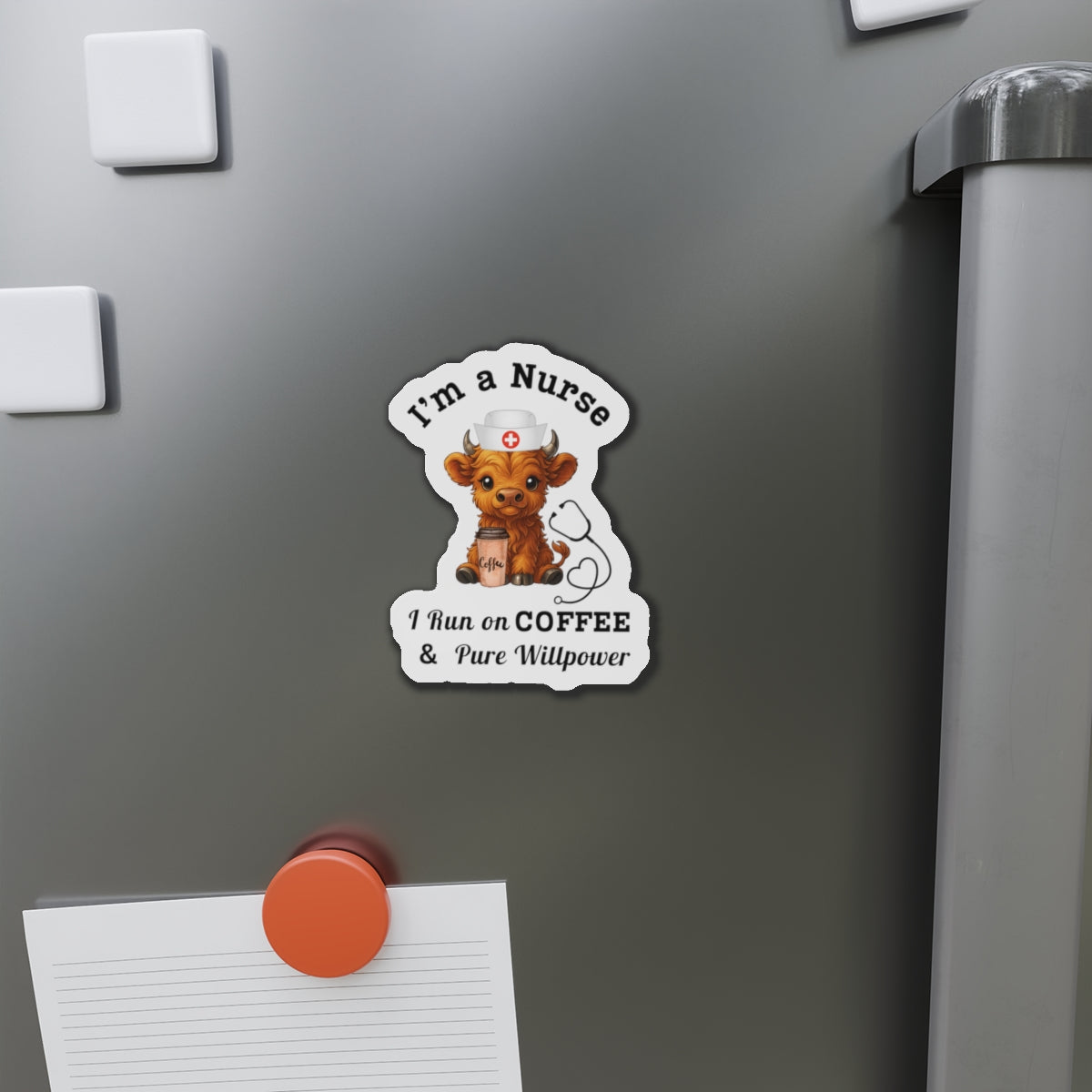 Highland Cow Nurse Coffee Magnet, Cute Cow Design, Perfect Gift for Nurses, Hospital Decor, Job Appreciation Gift, Magnet for Fridge