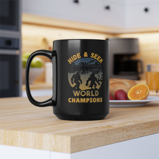 Bigfoot Dogman Werewolf Mothman UFO Hide and Seek World Champion 15oz Black Mug Unique Coffee Cup Playful Home Decor