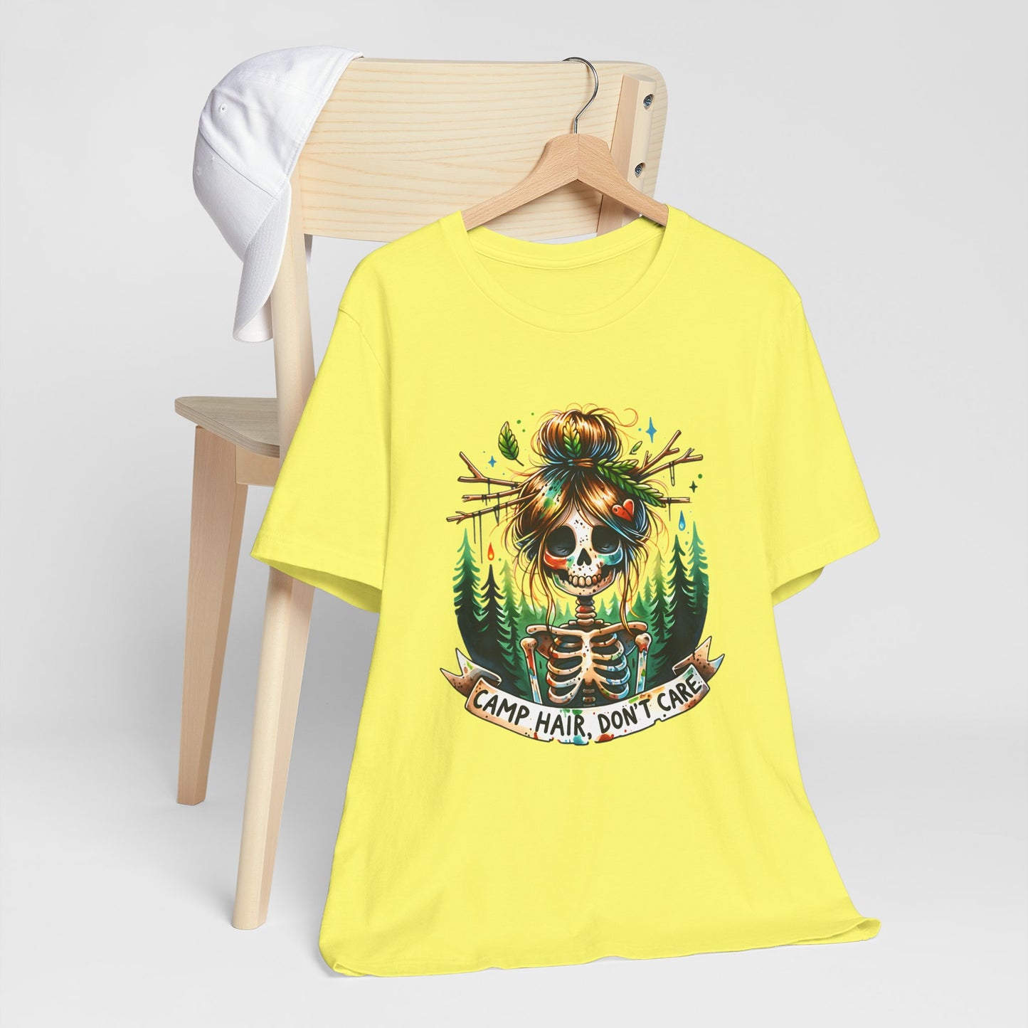 Camp Hair Don't Care Skull T-Shirt, Casual Summer Shirt, Hiking Apparel, Outdoor Fun Gift, Festival Top, Unisex Graphic Tee