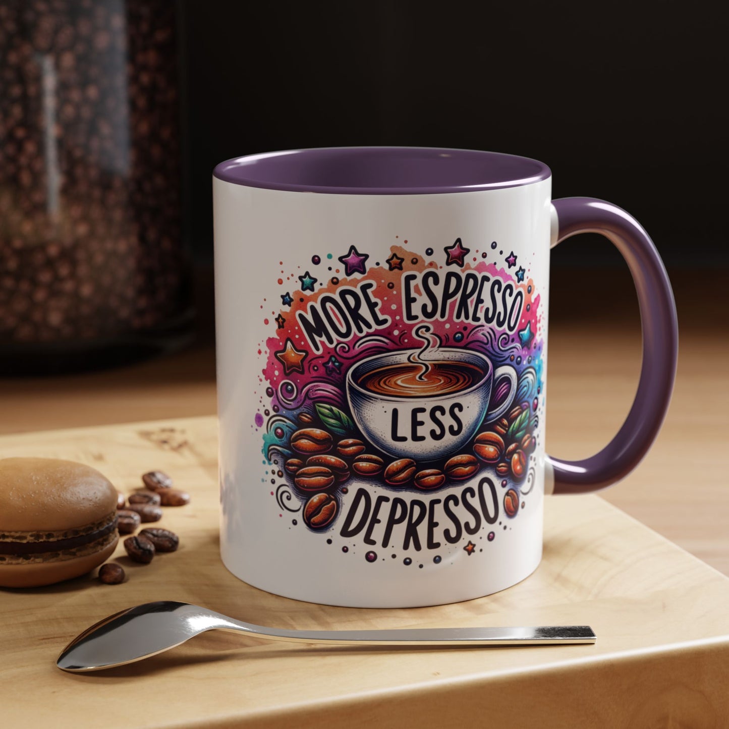 Cute Coffee Mug More Expresso Less Depresso 11 oz and 15 oz Mug with Accent Colors