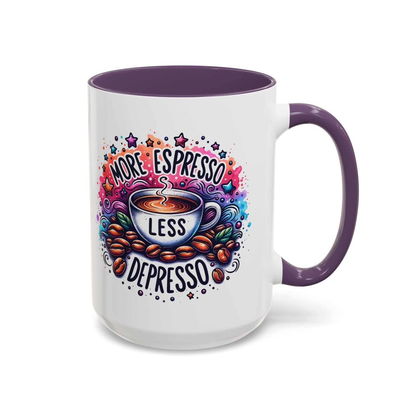 Cute Coffee Mug More Expresso Less Depresso 11 oz and 15 oz Mug with Accent Colors