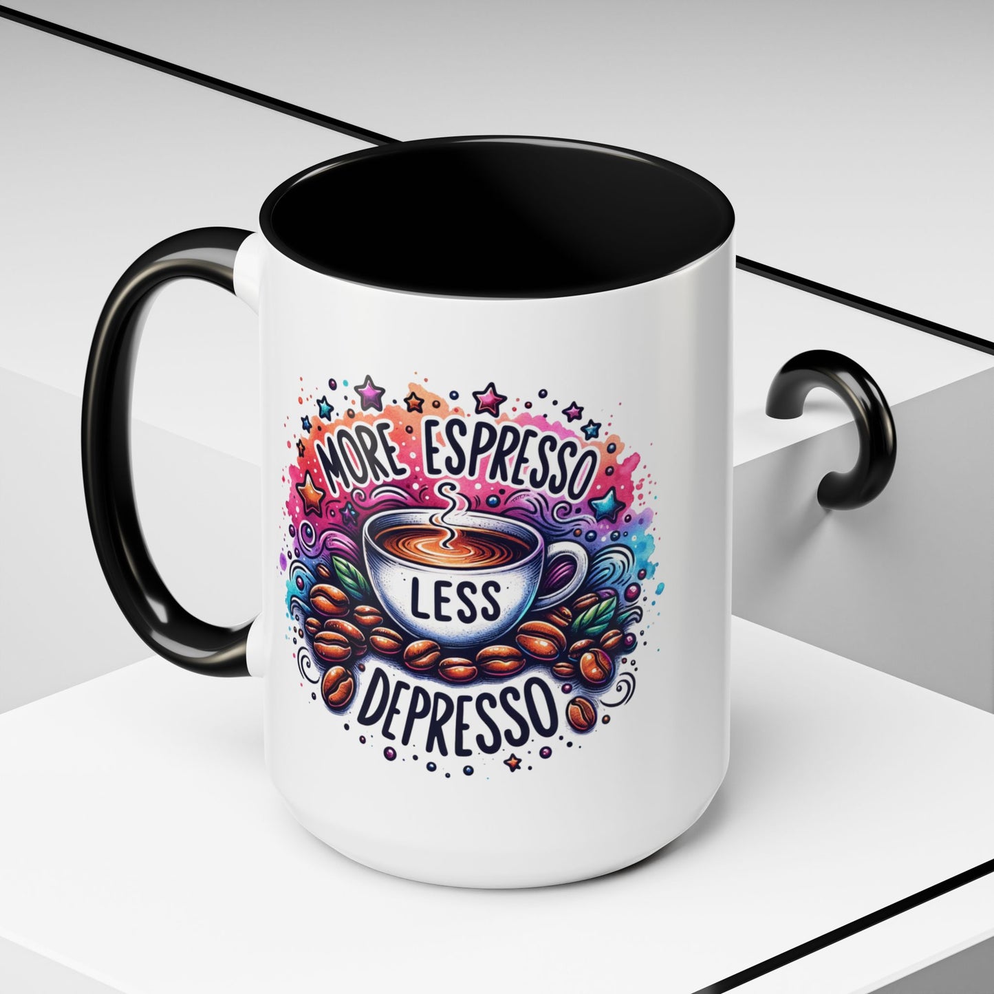 Cute Coffee Mug More Expresso Less Depresso 11 oz and 15 oz Mug with Accent Colors