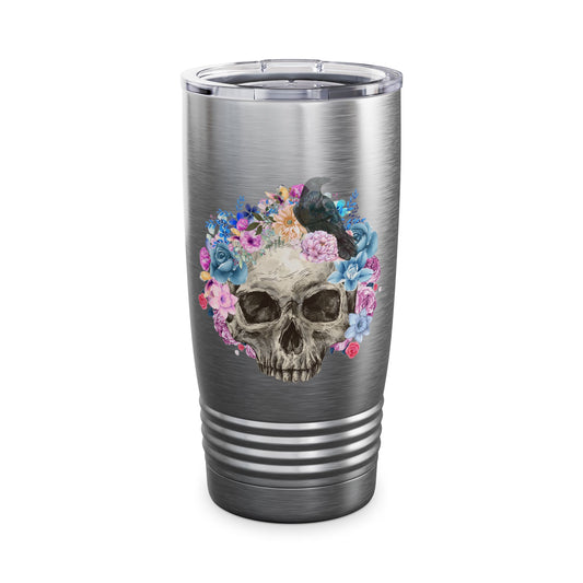 Gothic Floral Skull 15oz Mug Vintage Boho Skull Watercolor Goth Graphic Skull Tumbler Floral Skull Cup with Crow Floral Skull 15oz Steele Cup Gothic Home Decor Halloween Gift