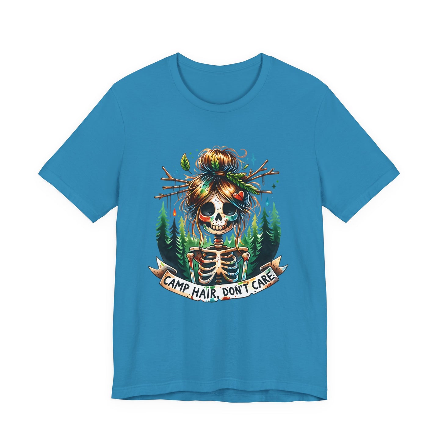 Camp Hair Don't Care Skull T-Shirt, Casual Summer Shirt, Hiking Apparel, Outdoor Fun Gift, Festival Top, Unisex Graphic Tee