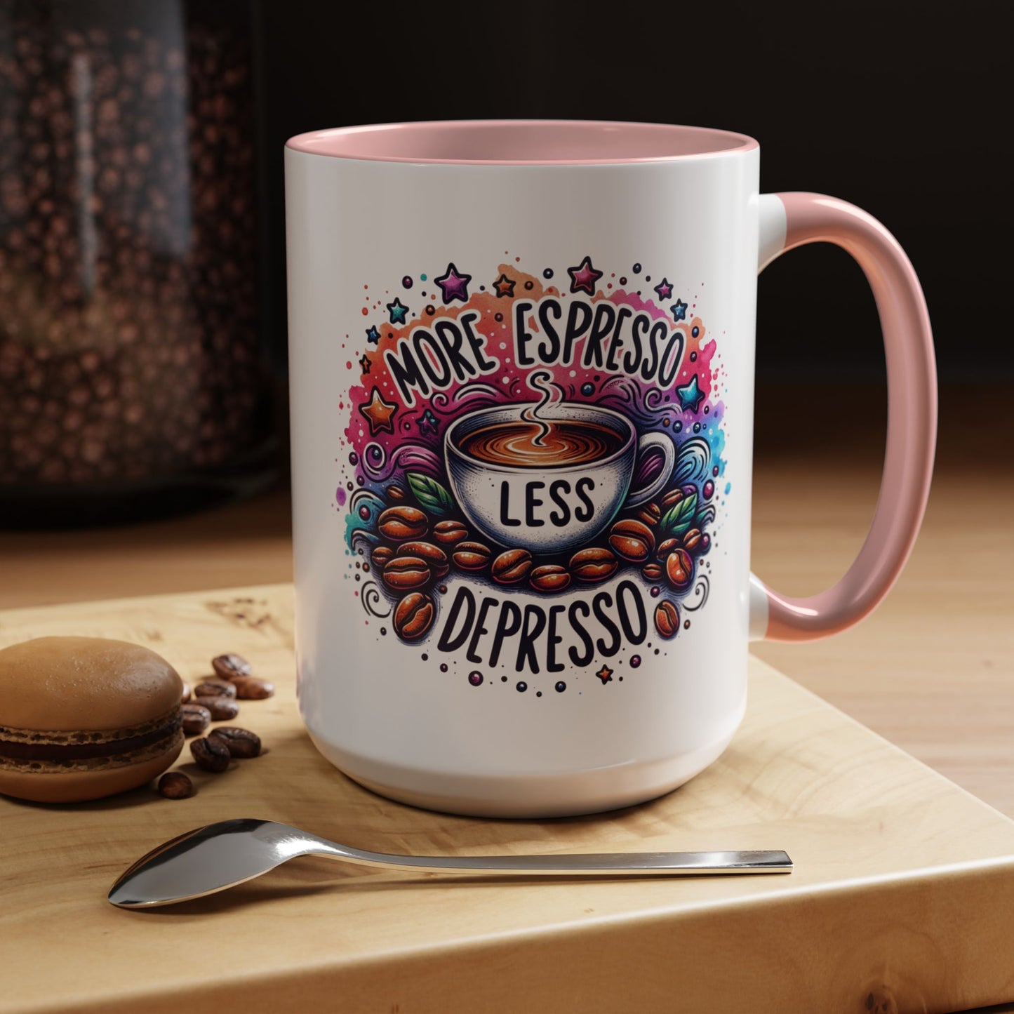 Cute Coffee Mug More Expresso Less Depresso 11 oz and 15 oz Mug with Accent Colors