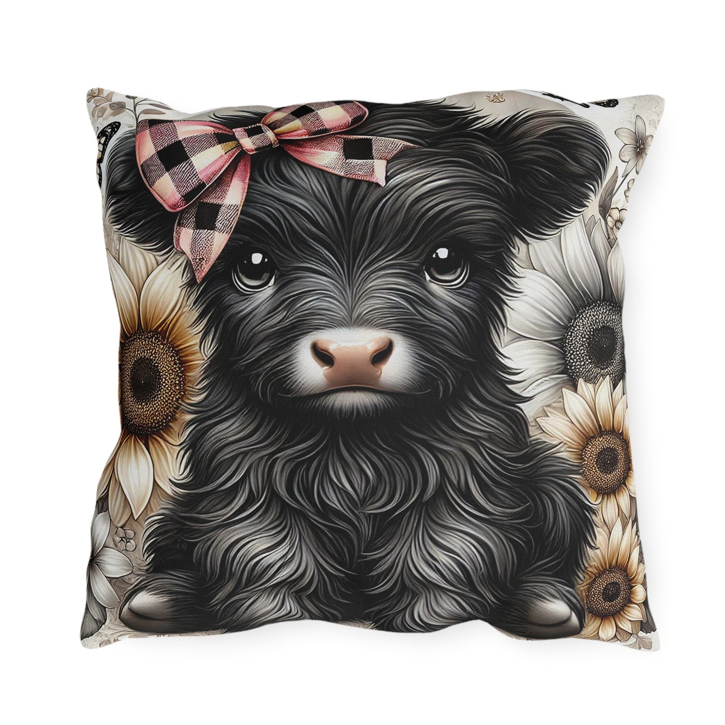 Highland Cow Outdoor Pillow — Cute Cow with Plaid Bow & Sunflowers