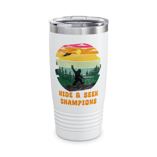 Retro Bigfoot 20 oz Tumbler Funny Hide and Seek Champion Graphic Steele Tumbler Sasquatch Silhouette Sunset Forest Cup Vintage Cryptid Lover Gift