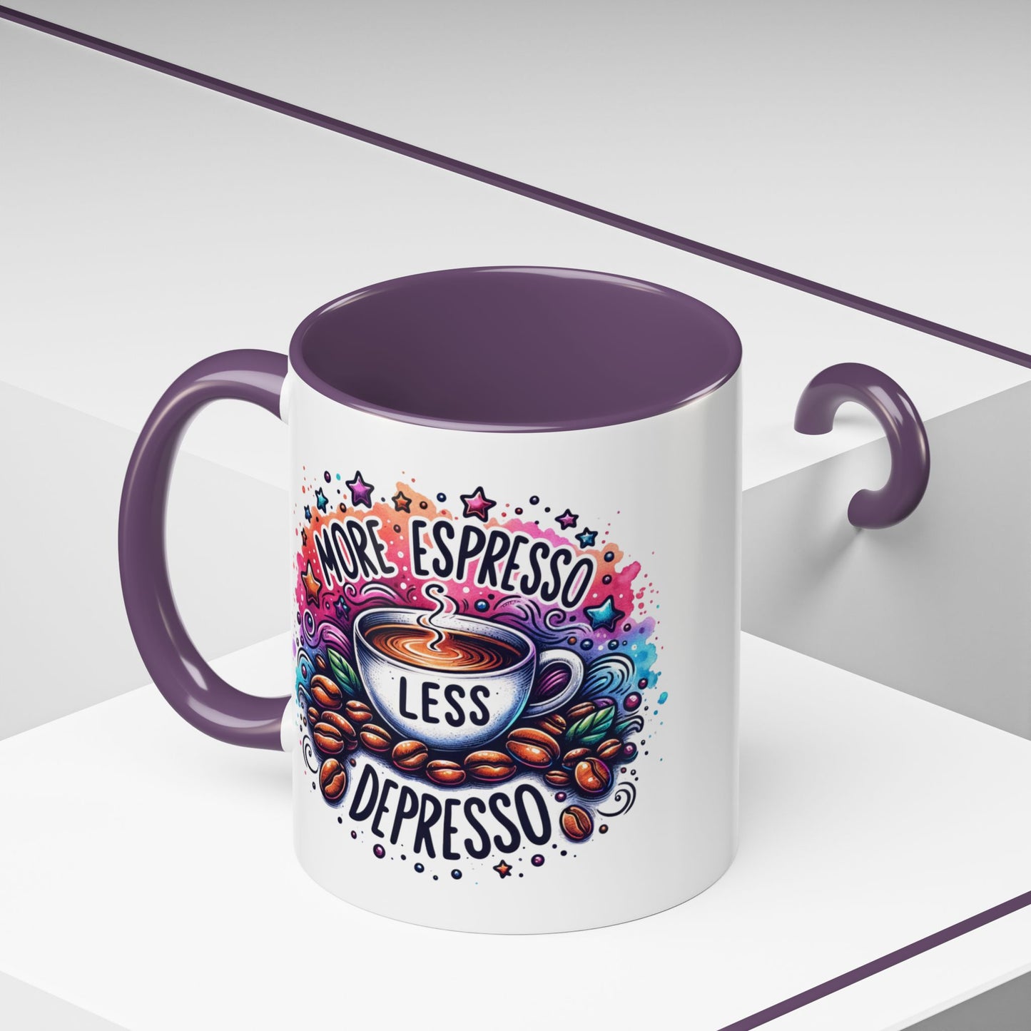Cute Coffee Mug More Expresso Less Depresso 11 oz and 15 oz Mug with Accent Colors