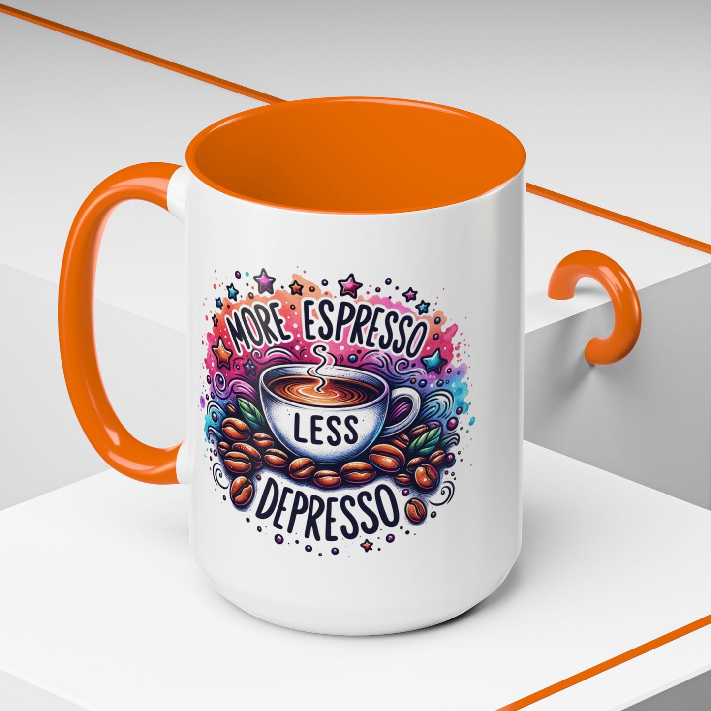 Cute Coffee Mug More Expresso Less Depresso 11 oz and 15 oz Mug with Accent Colors