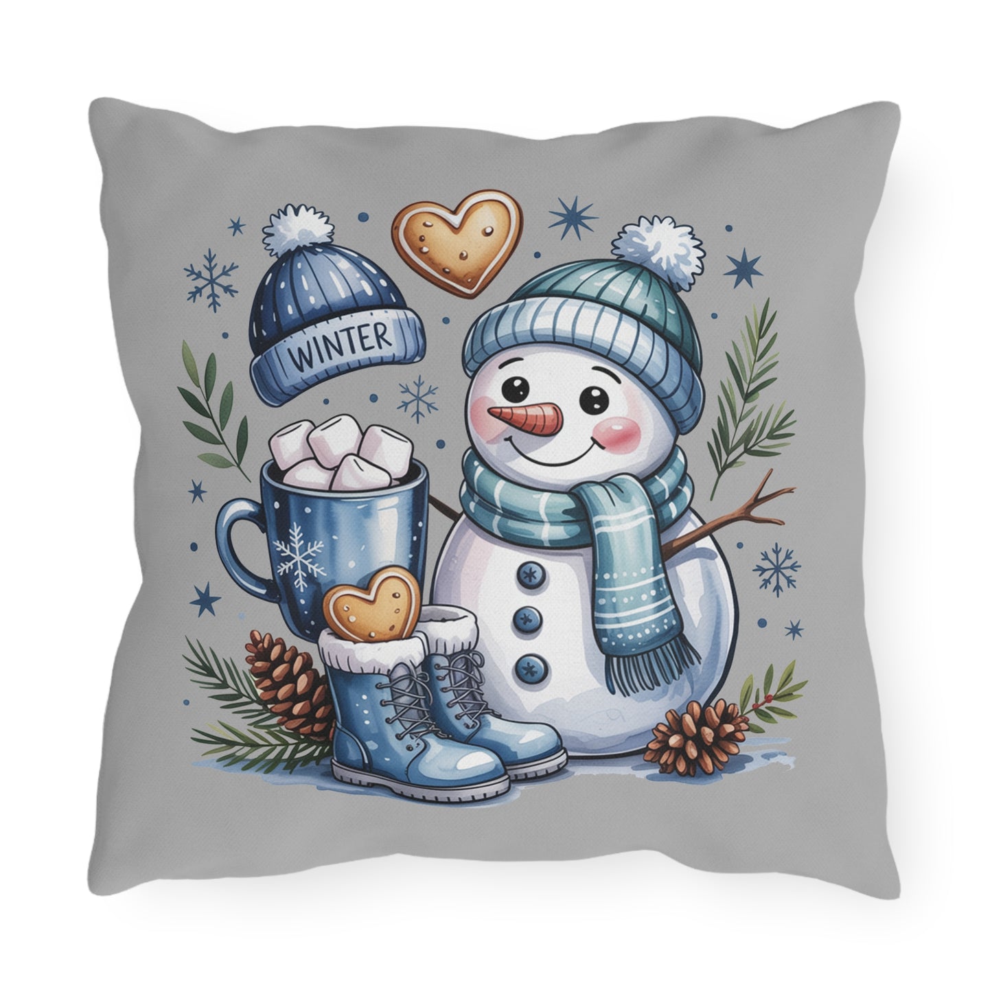 Winter Snowman Outdoor Pillow – Cute Snowman with Hot Cocoa & Cookies