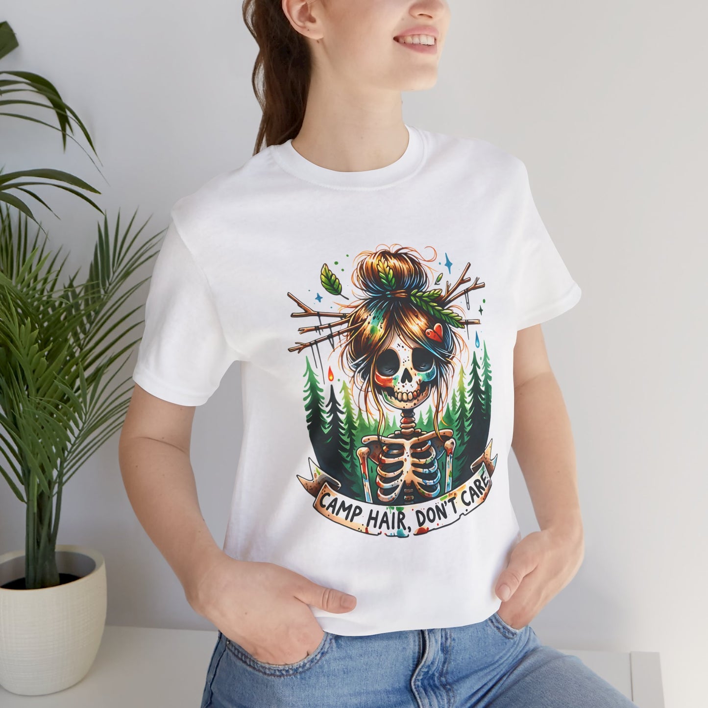 Camp Hair Don't Care Skull T-Shirt, Casual Summer Shirt, Hiking Apparel, Outdoor Fun Gift, Festival Top, Unisex Graphic Tee