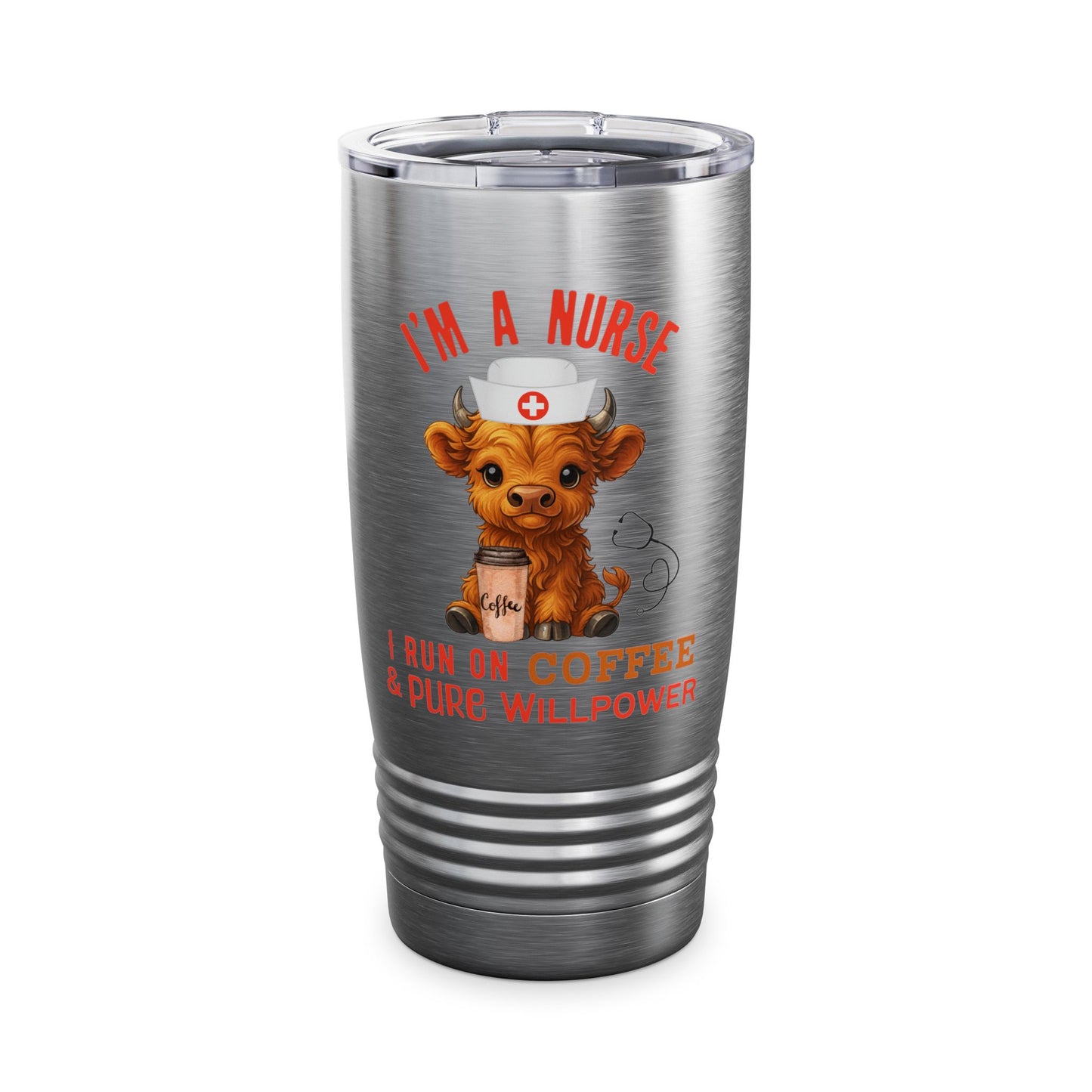 Highland Cow Tumbler I'm a Nurse, I run on Coffee and Pure Willpower 20oz Travel Mug