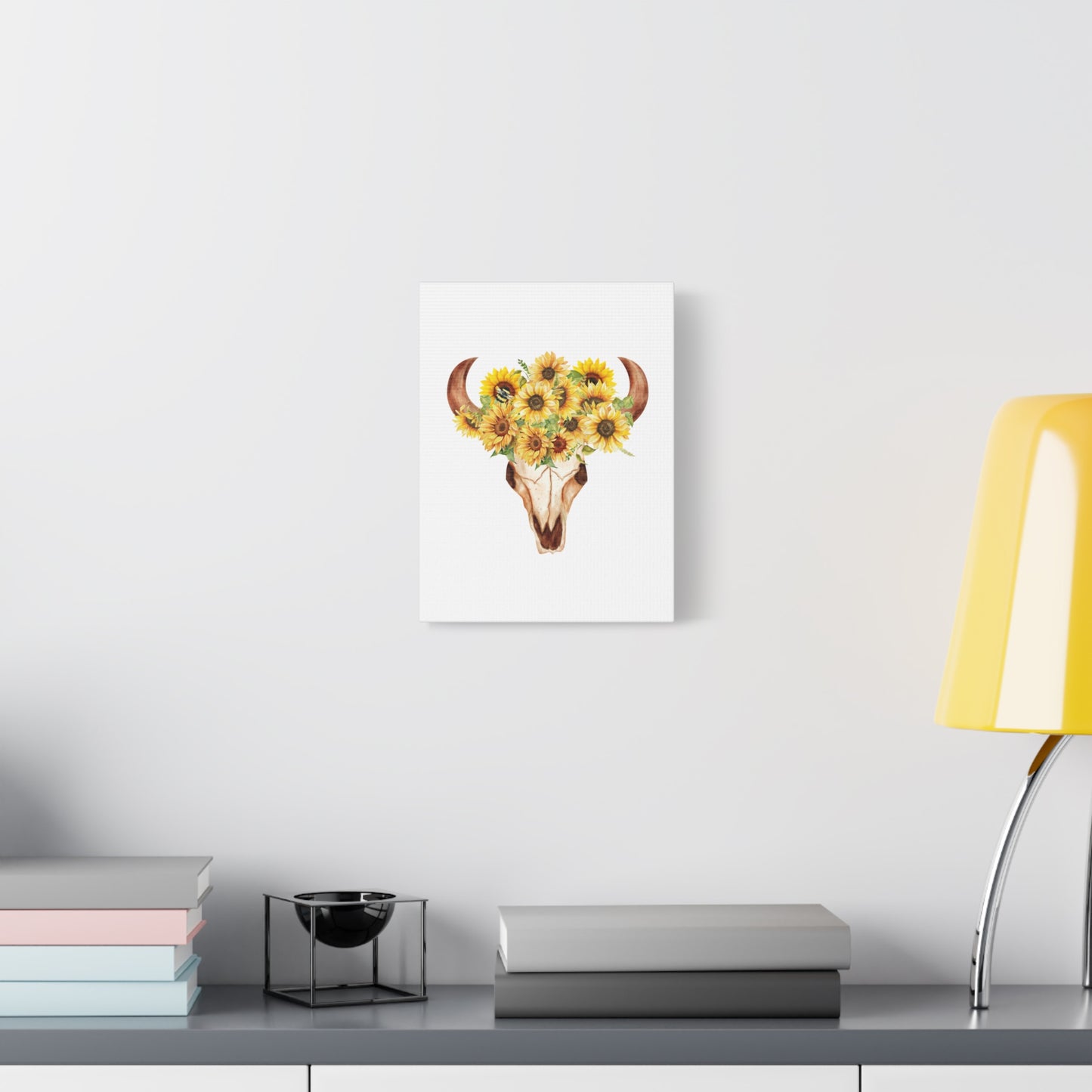 Rustic Bull Skull with Sunflowers Floral Wall Art Canvas Print, Country Home Decor, Cow Skull with Sunflowers, Southwestern Style, Bohemian Wall Hanging