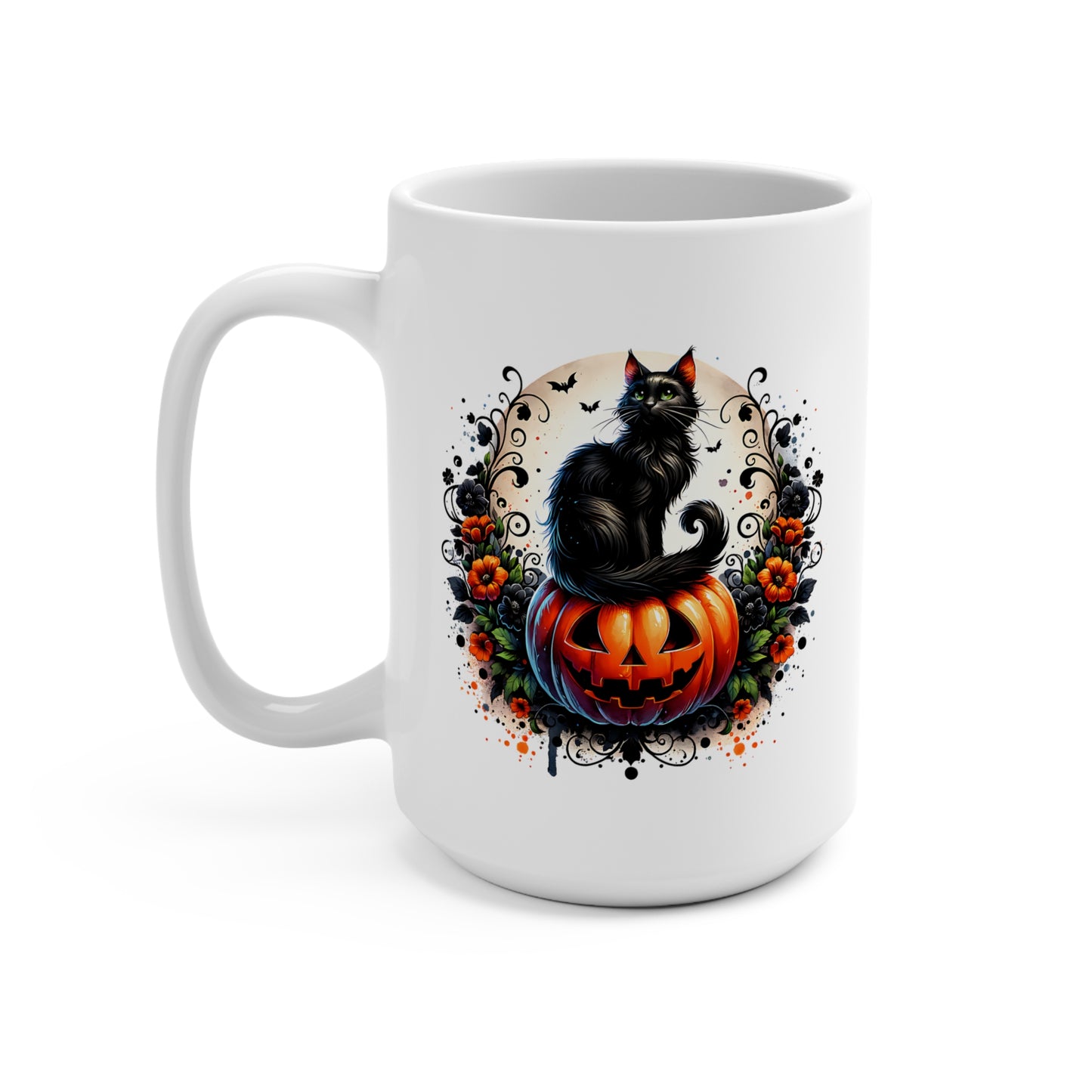 Halloween Black Cat 15oz White Mug, Spooky Coffee Cup, Fall Decor Gift, Black Cat Pumpkin Mug, October Celebrations