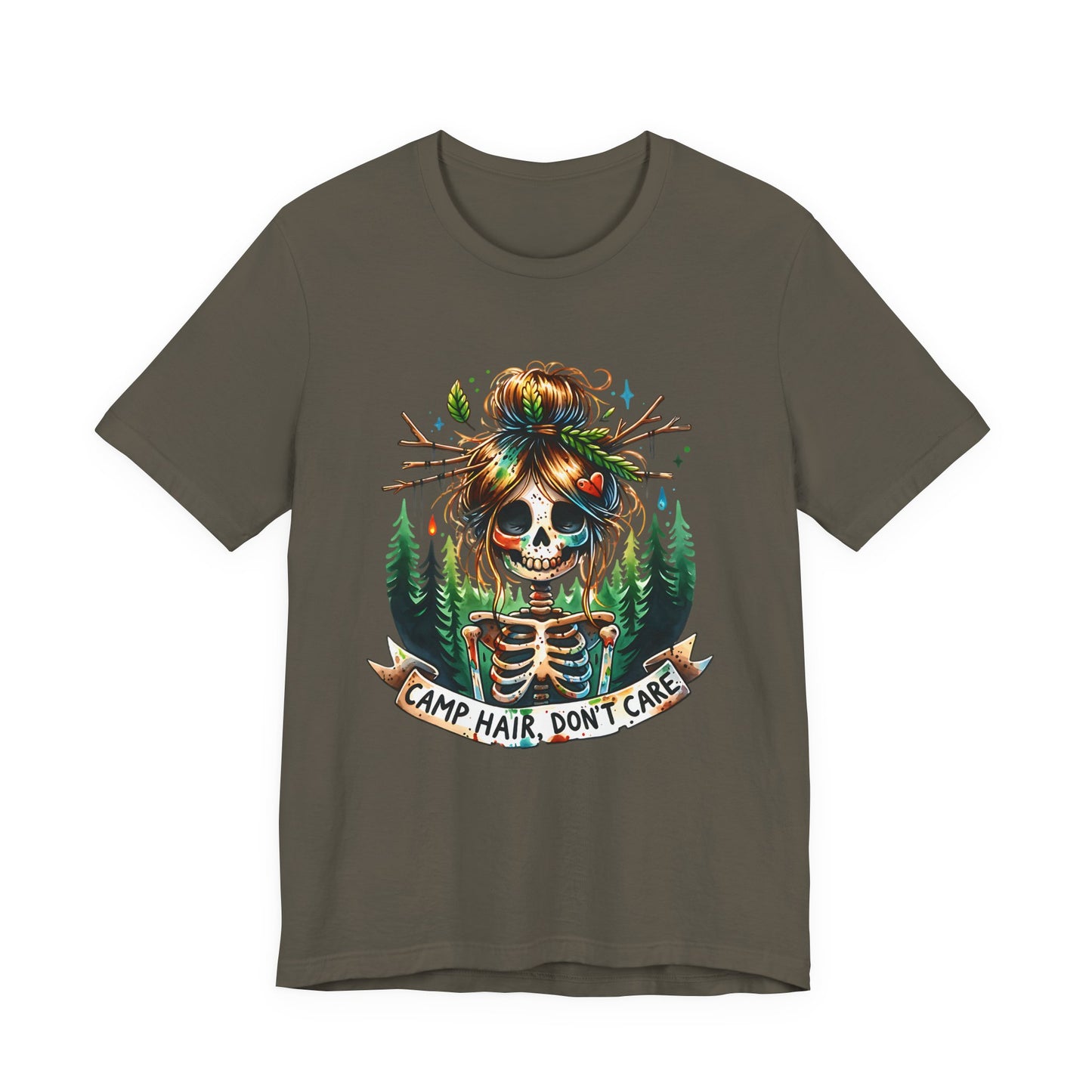 Camp Hair Don't Care Skull T-Shirt, Casual Summer Shirt, Hiking Apparel, Outdoor Fun Gift, Festival Top, Unisex Graphic Tee