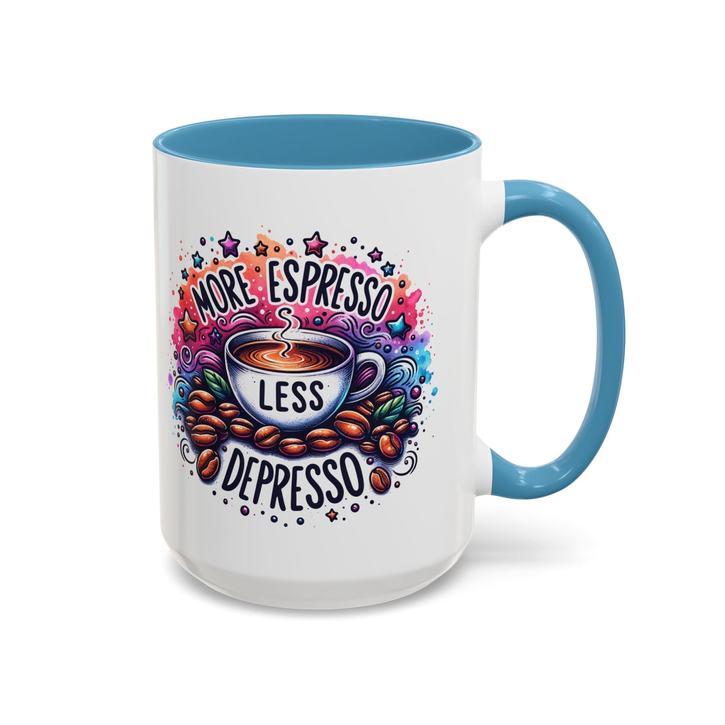 Cute Coffee Mug More Expresso Less Depresso 11 oz and 15 oz Mug with Accent Colors