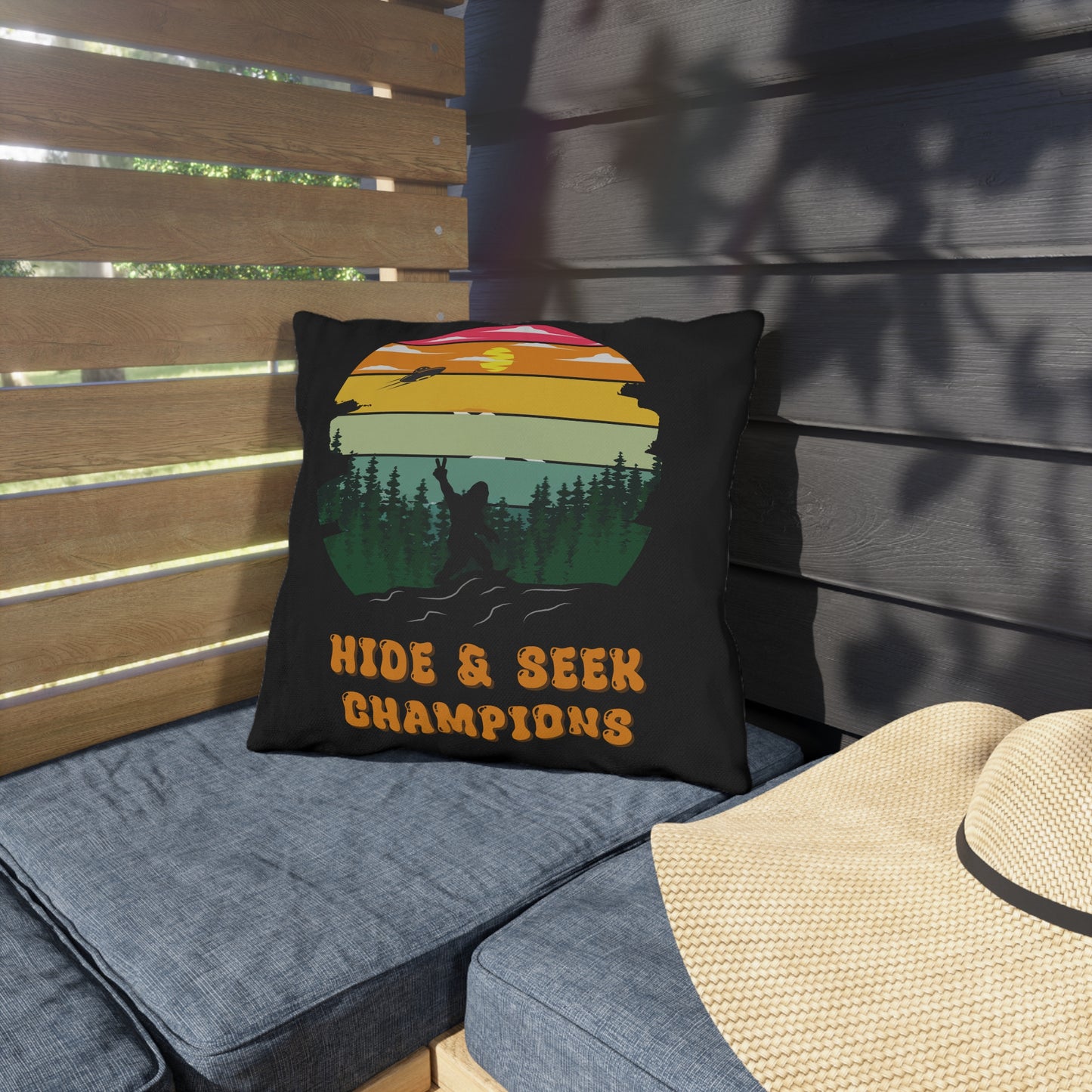 Funny Sasquatch UFO Pillow Hide & Seek Champion Pillow Retro Bigfoot Alien Outdoor Pillow for Cryptid Hunters Gift for Conspiracy Theory Gifts