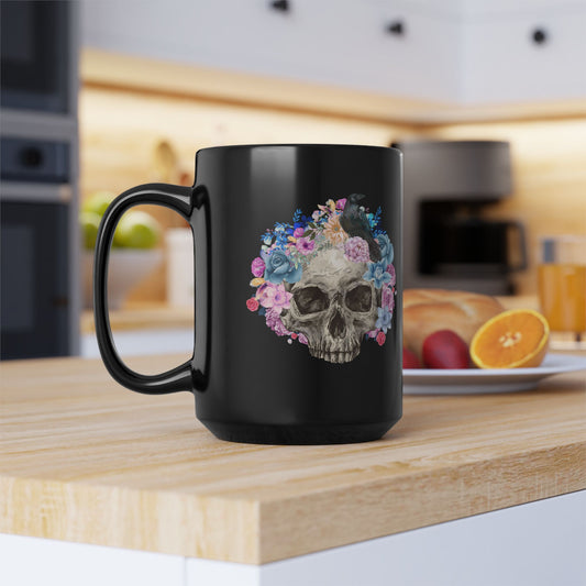 Gothic Floral Skull 15oz Mug Vintage Boho Skull Watercolor Goth Graphic Mug Floral Skull Mug with Crow Floral Skull Black Mug, 15oz Coffee Cup Gothic Home Decor Halloween Gift
