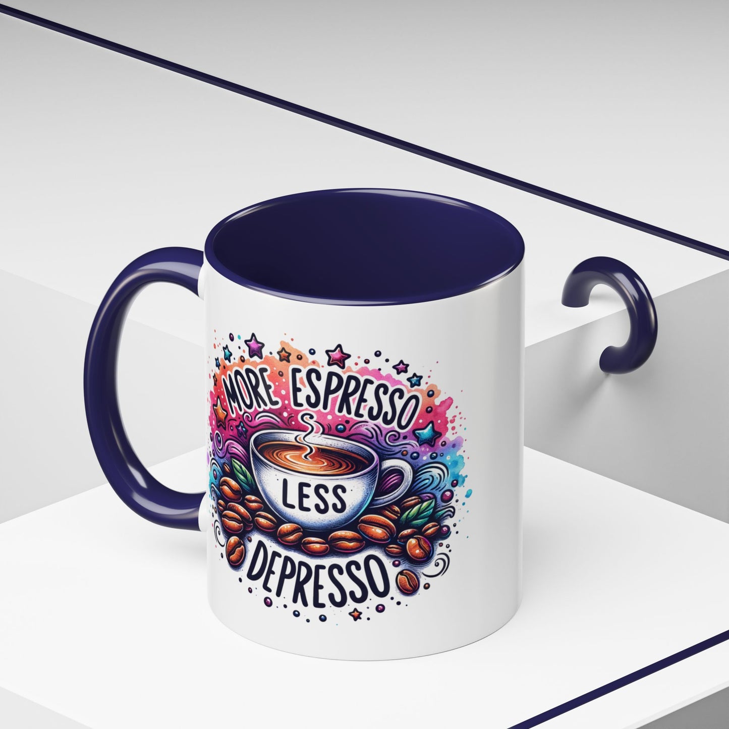 Cute Coffee Mug More Expresso Less Depresso 11 oz and 15 oz Mug with Accent Colors