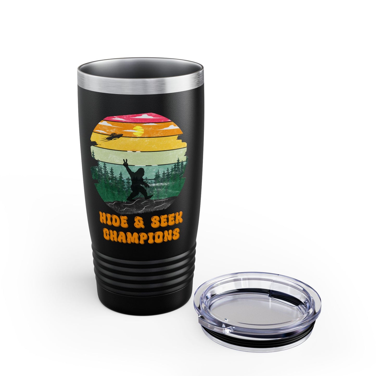 Retro Bigfoot 20 oz Tumbler Funny Hide and Seek Champion Graphic Steele Tumbler Sasquatch Silhouette Sunset Forest Cup Vintage Cryptid Lover Gift