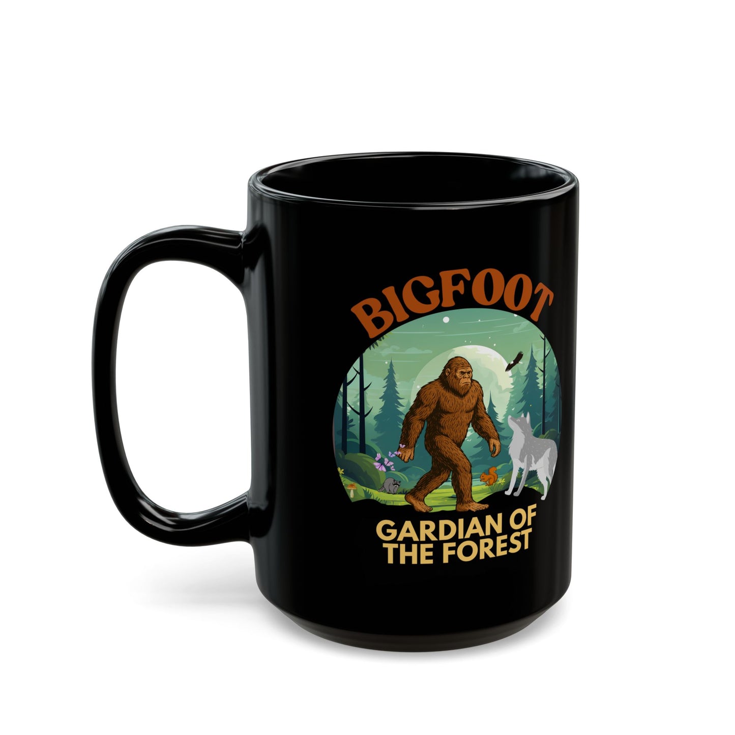 Bigfoot Gardian of the Forest 15oz Black Coffee Mug Unique Sasquatch Coffee Cup Gift for Nature Lovers Funny Bigfoot Fan
