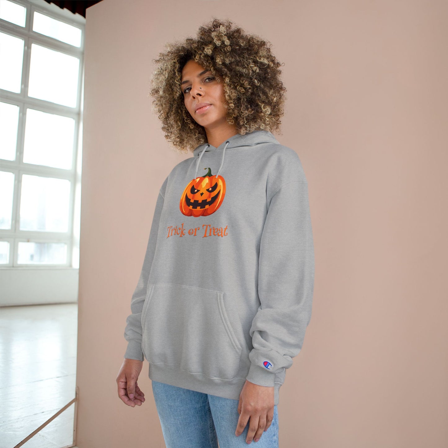 Trick or Treat Halloween Pumpkin Champion Hoodie, Trick or Treat Sweatshirt, Fall Fashion, Cozy Layering, Halloween Costume, Spooky Season