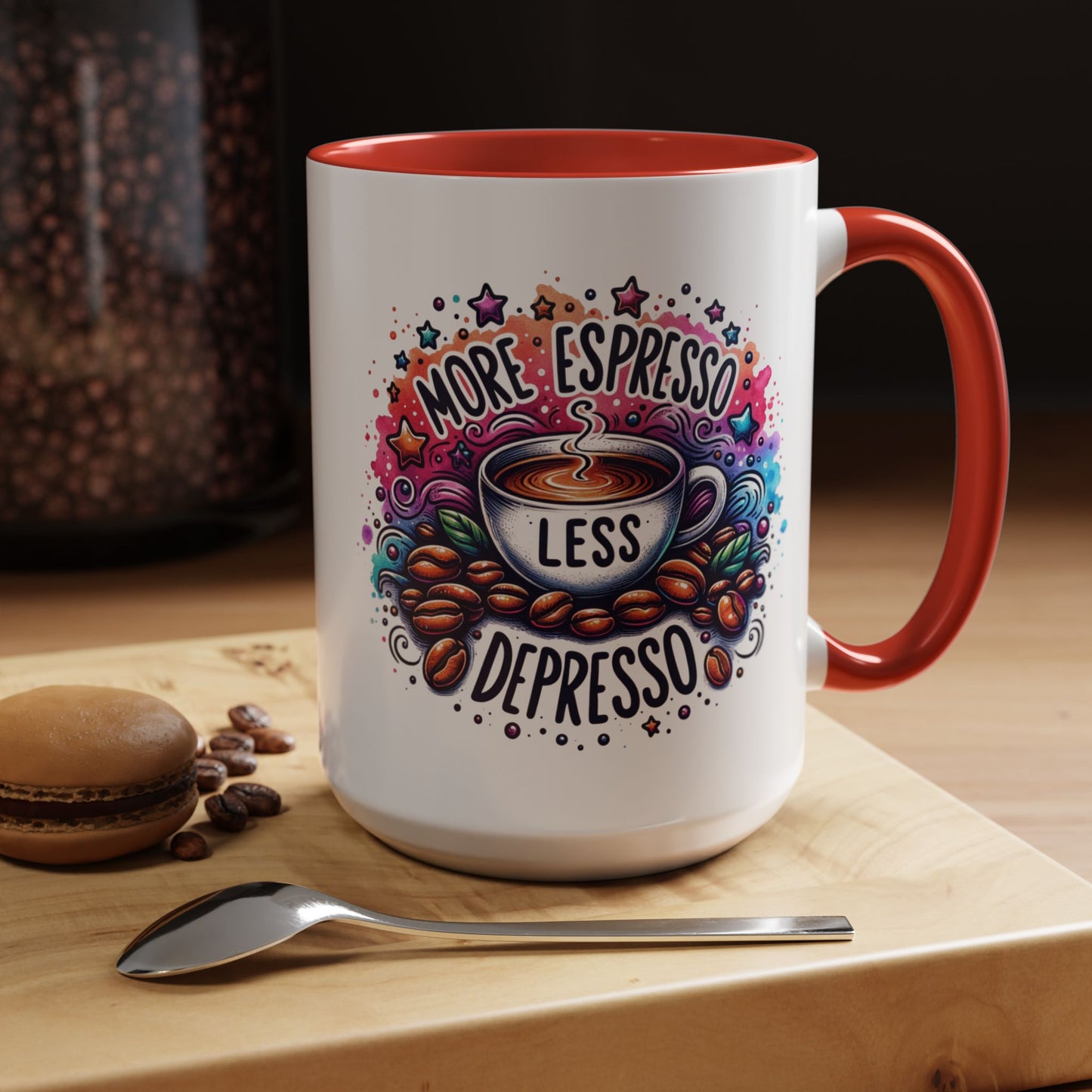 Cute Coffee Mug More Expresso Less Depresso 11 oz and 15 oz Mug with Accent Colors
