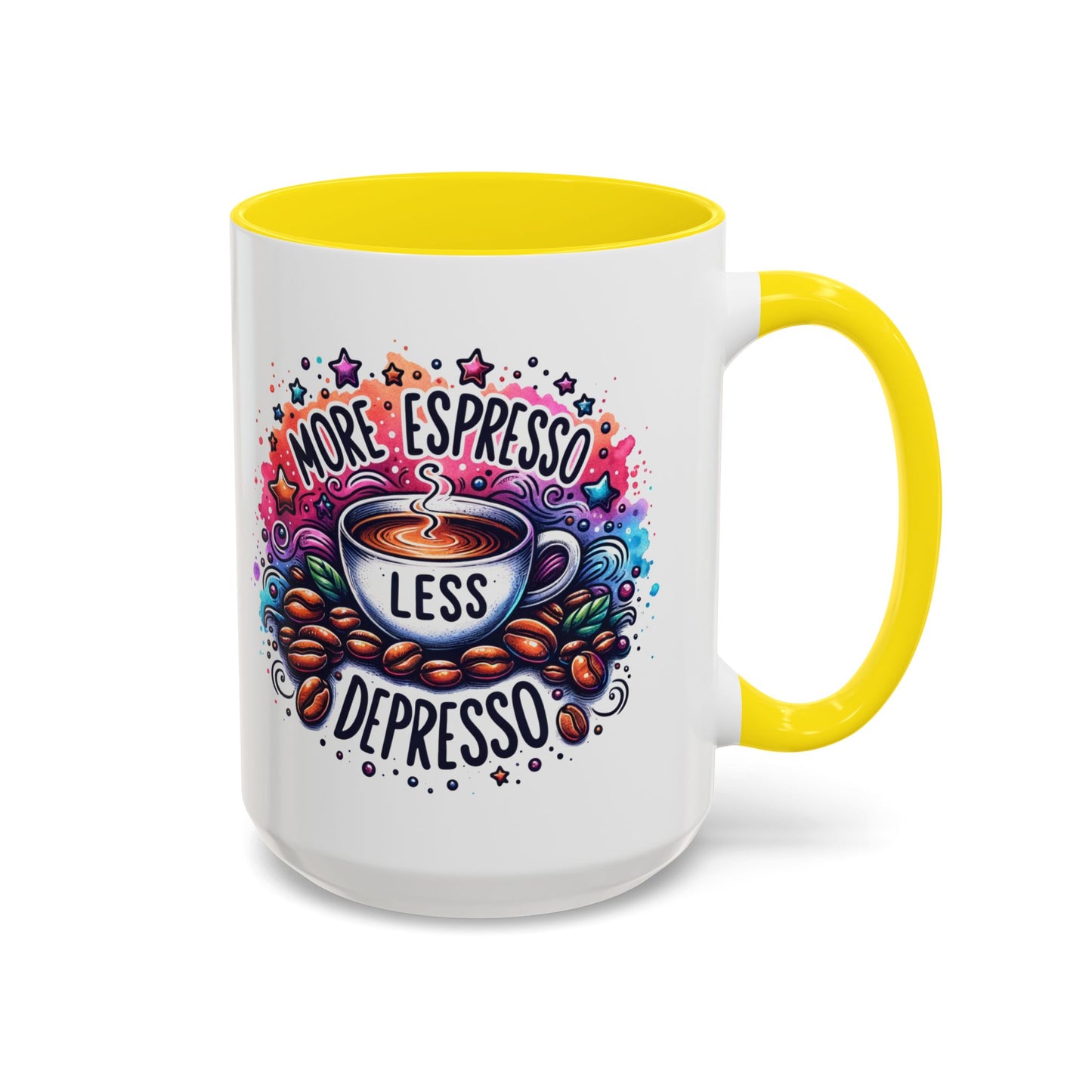Cute Coffee Mug More Expresso Less Depresso 11 oz and 15 oz Mug with Accent Colors