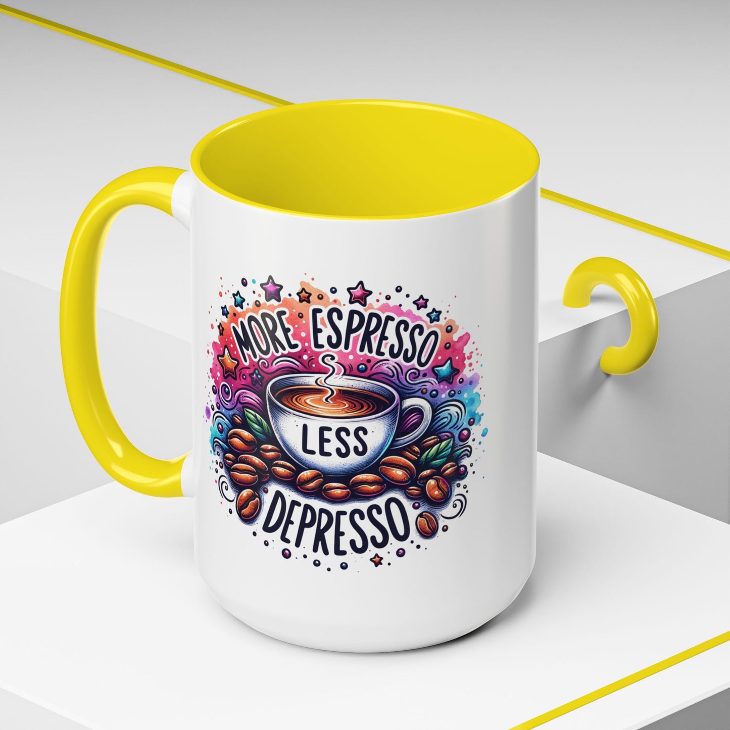 Cute Coffee Mug More Expresso Less Depresso 11 oz and 15 oz Mug with Accent Colors